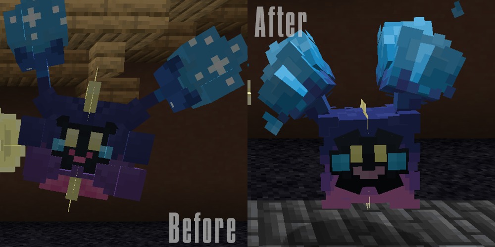All The Mons X Mega Showdown Data Pack (1.21.1) – Catch And Ride Over 130 New 6 Before and after comparison showing the improved blue and purple creature model
