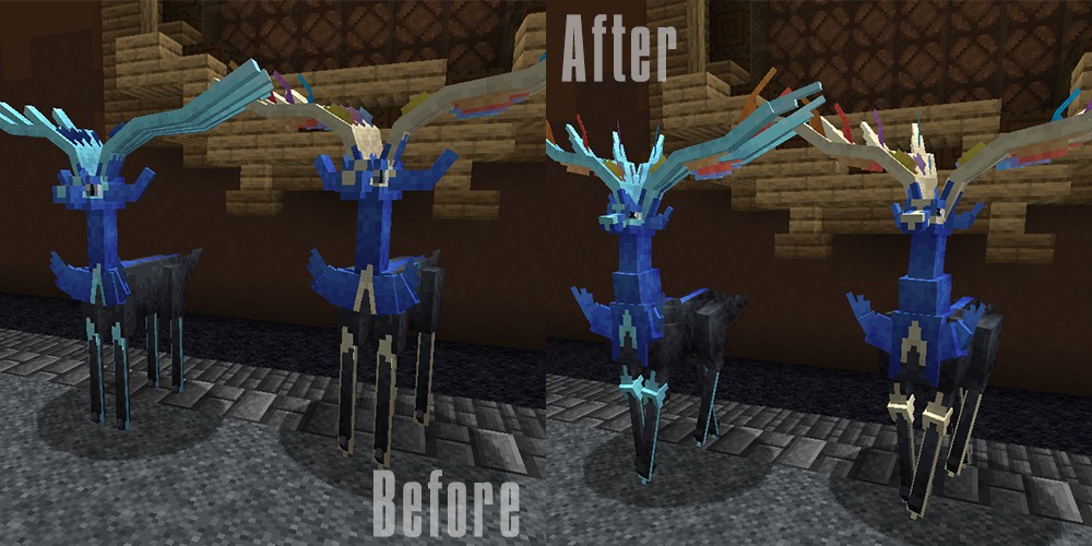 All The Mons X Mega Showdown Data Pack (1.21.1) – Catch And Ride Over 130 New 8 Comparison showing improved textures and models for a blue deer creature
