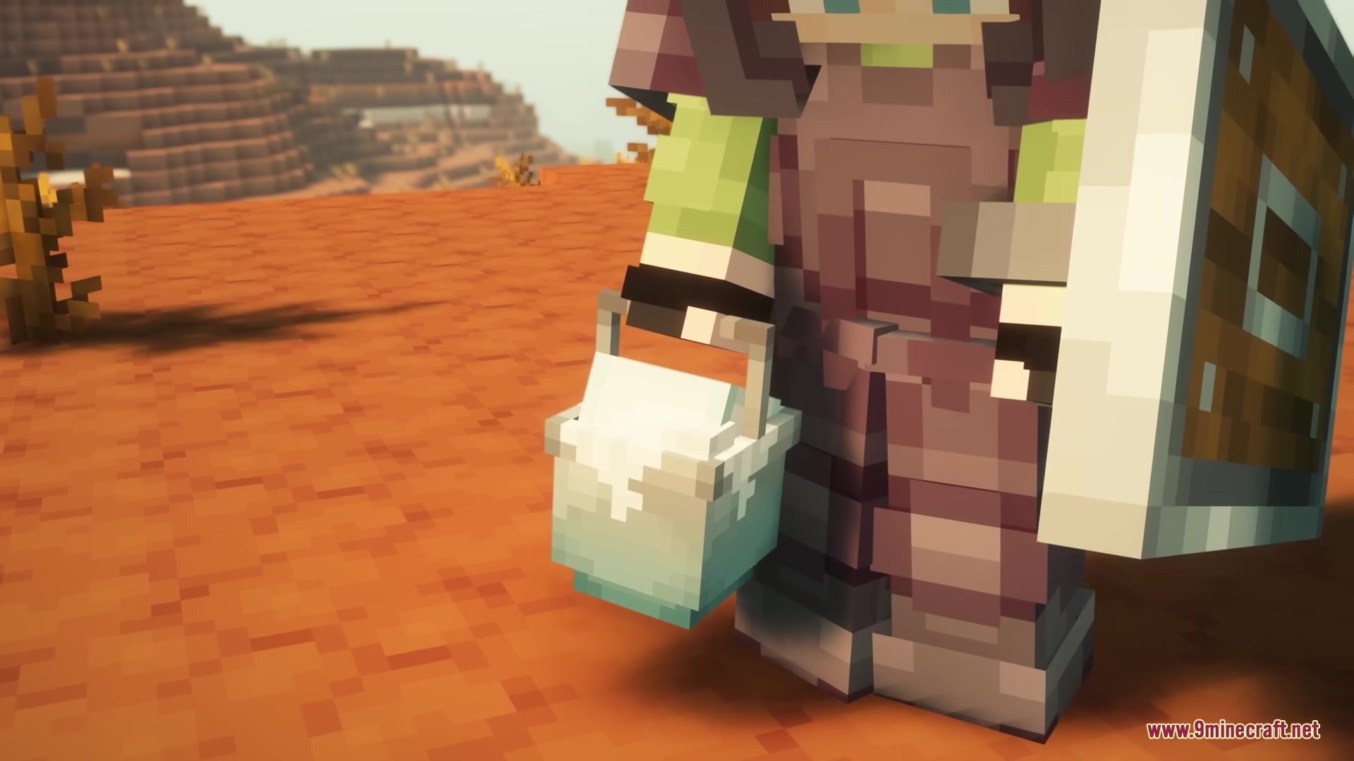 Als Ghasts Revamped X Fresh Animations Resource Pack (1.21.11) 2 A minecraft character holding a milk bucket and shield in a badlands biome