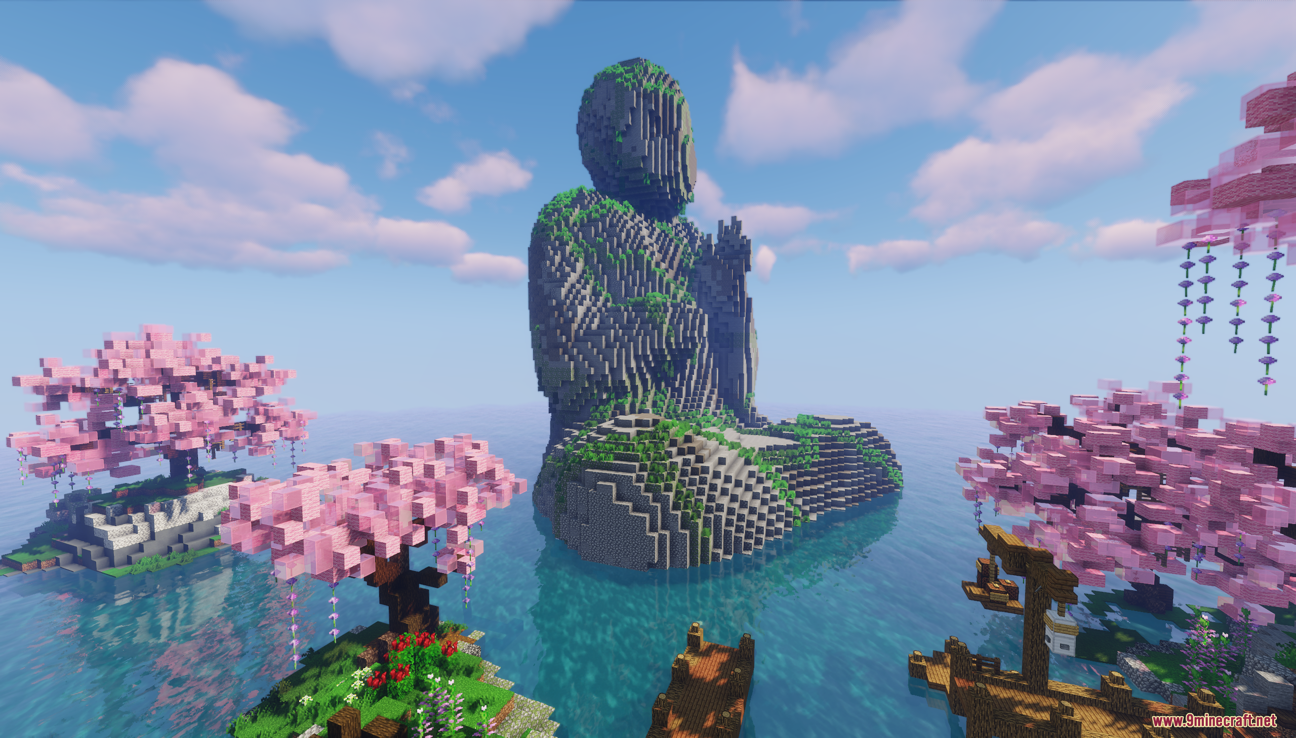 Asia Theme Lobby Map (26.2, 1.20.1) – A Serene Server Hub Under Cherry Blossoms 2 Giant stone buddha statue surrounded by pink cherry blossom trees in the ocean