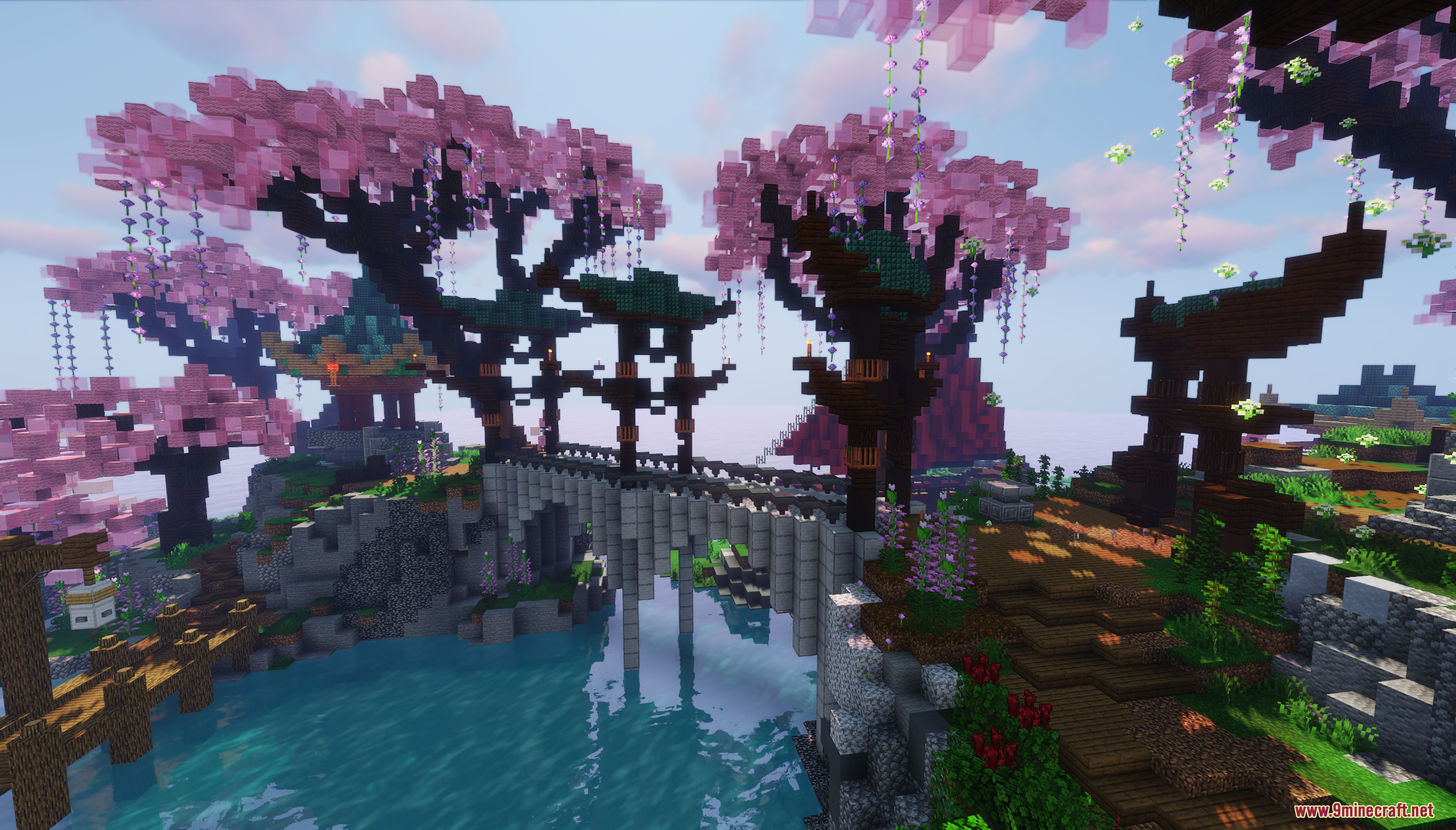 Asia Theme Lobby Map (26.2, 1.20.1) – A Serene Server Hub Under Cherry Blossoms 9 A stone bridge crosses water surrounded by pink trees and traditional architecture