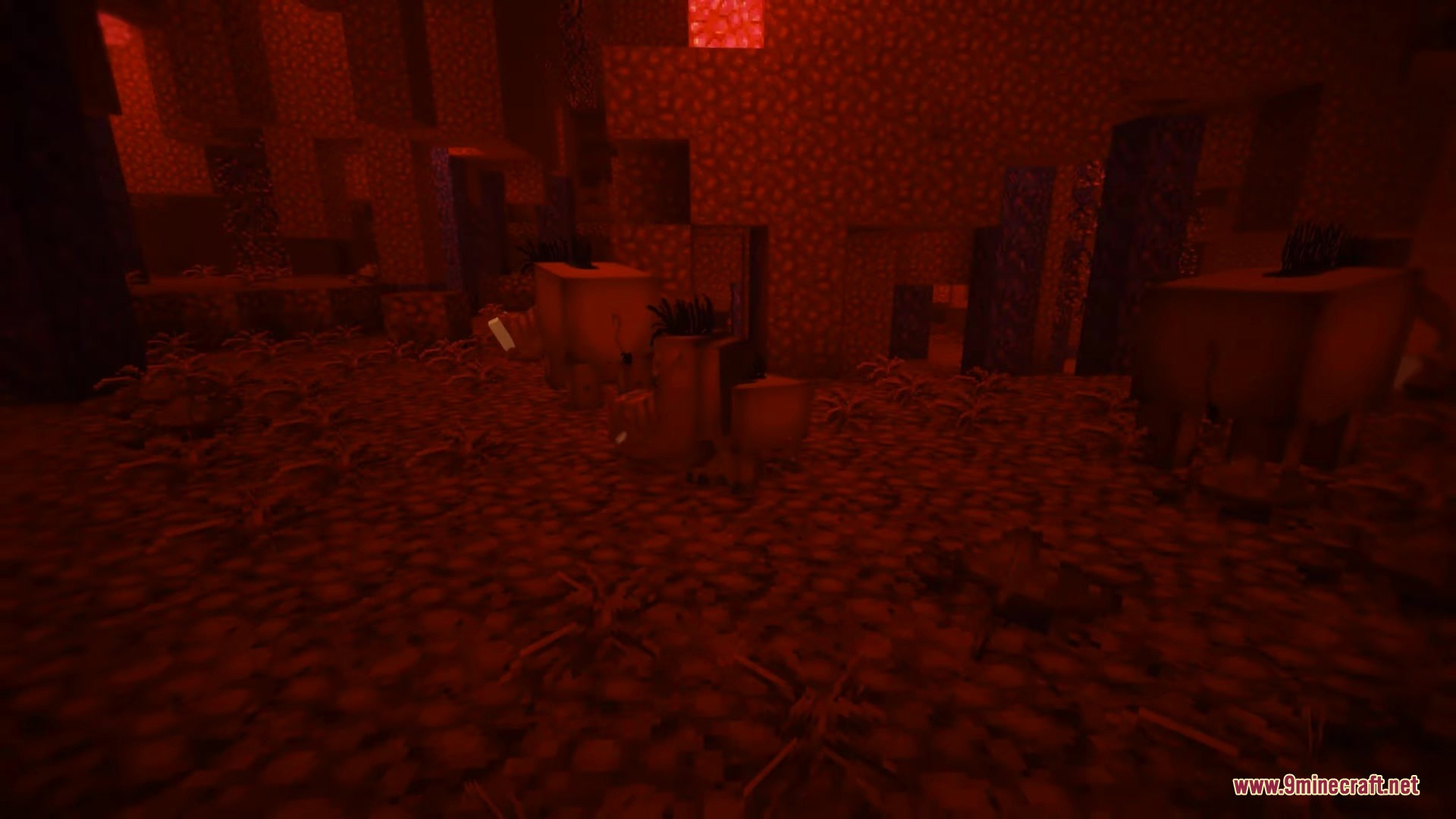 Detailed red netherrack blocks and plants under moody lighting in the nether