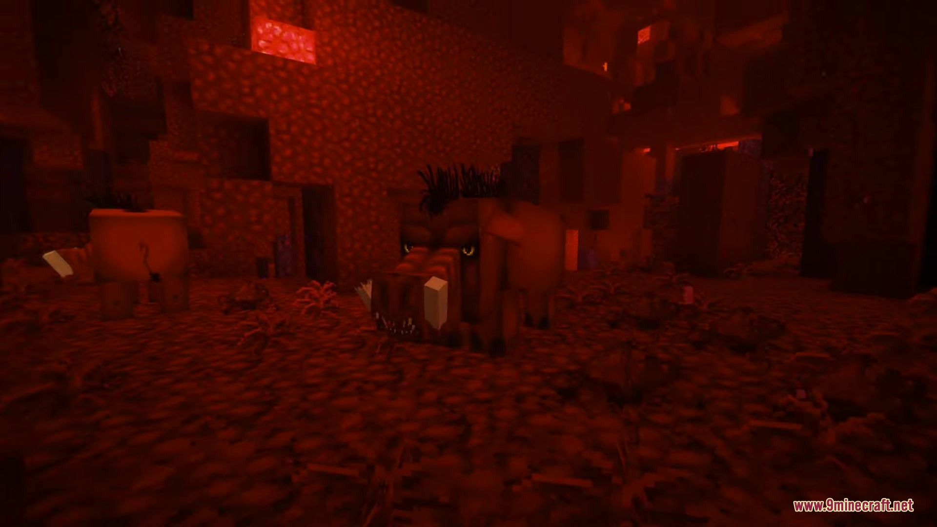 Hoglins with unique 3d models wandering through the red nether landscape