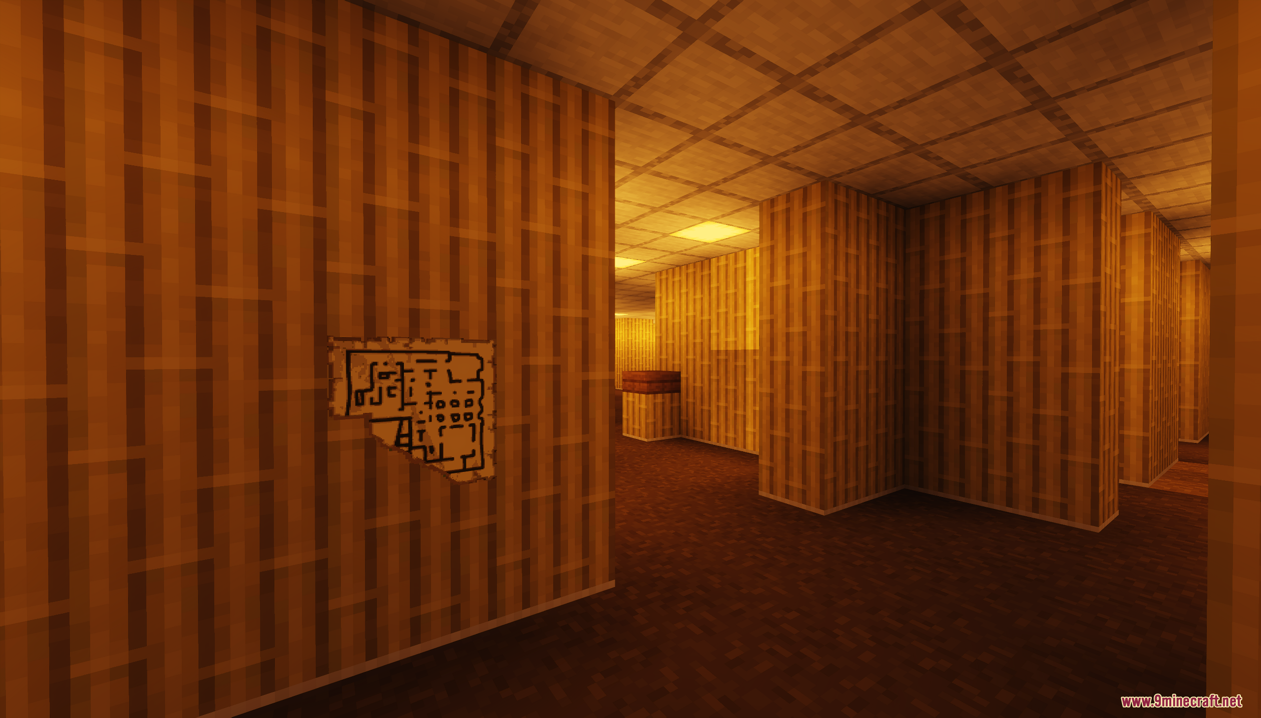 A map pinned to a yellow wall in the backrooms hide and seek map