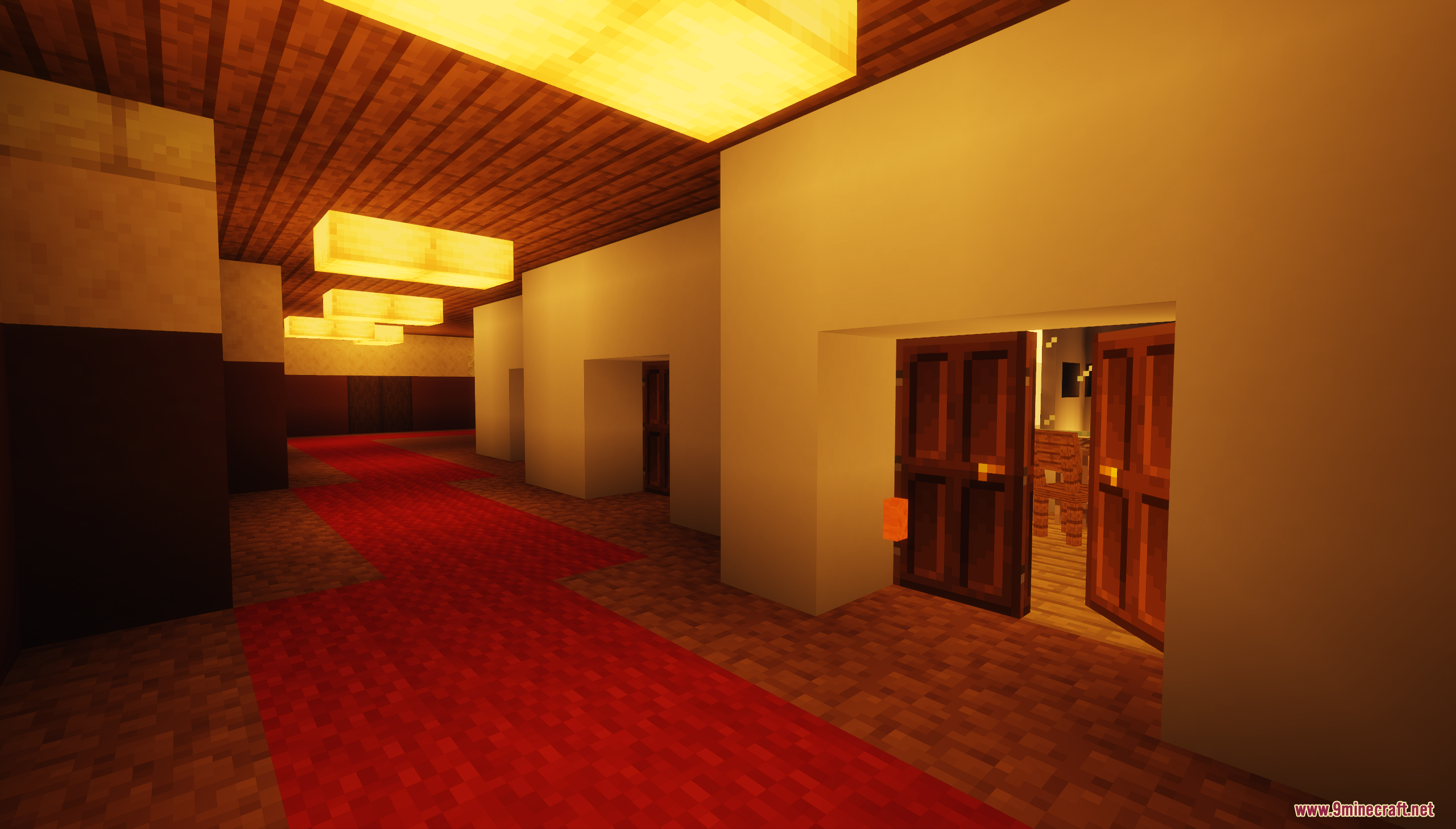 A hallway with a red carpet and glowing lights in the backrooms map