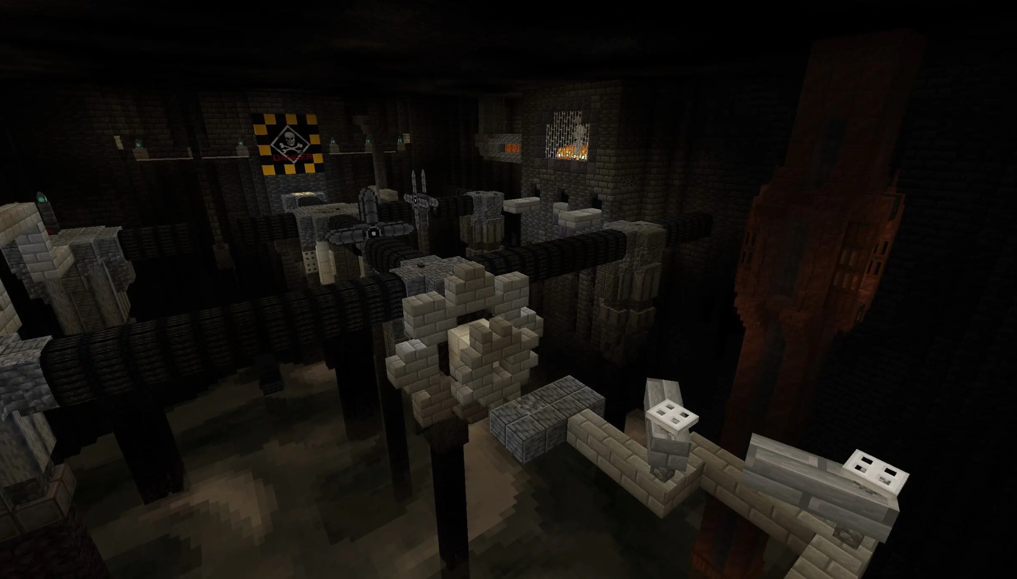 Complex parkour course with stone platforms and pipes in a dark dungeon