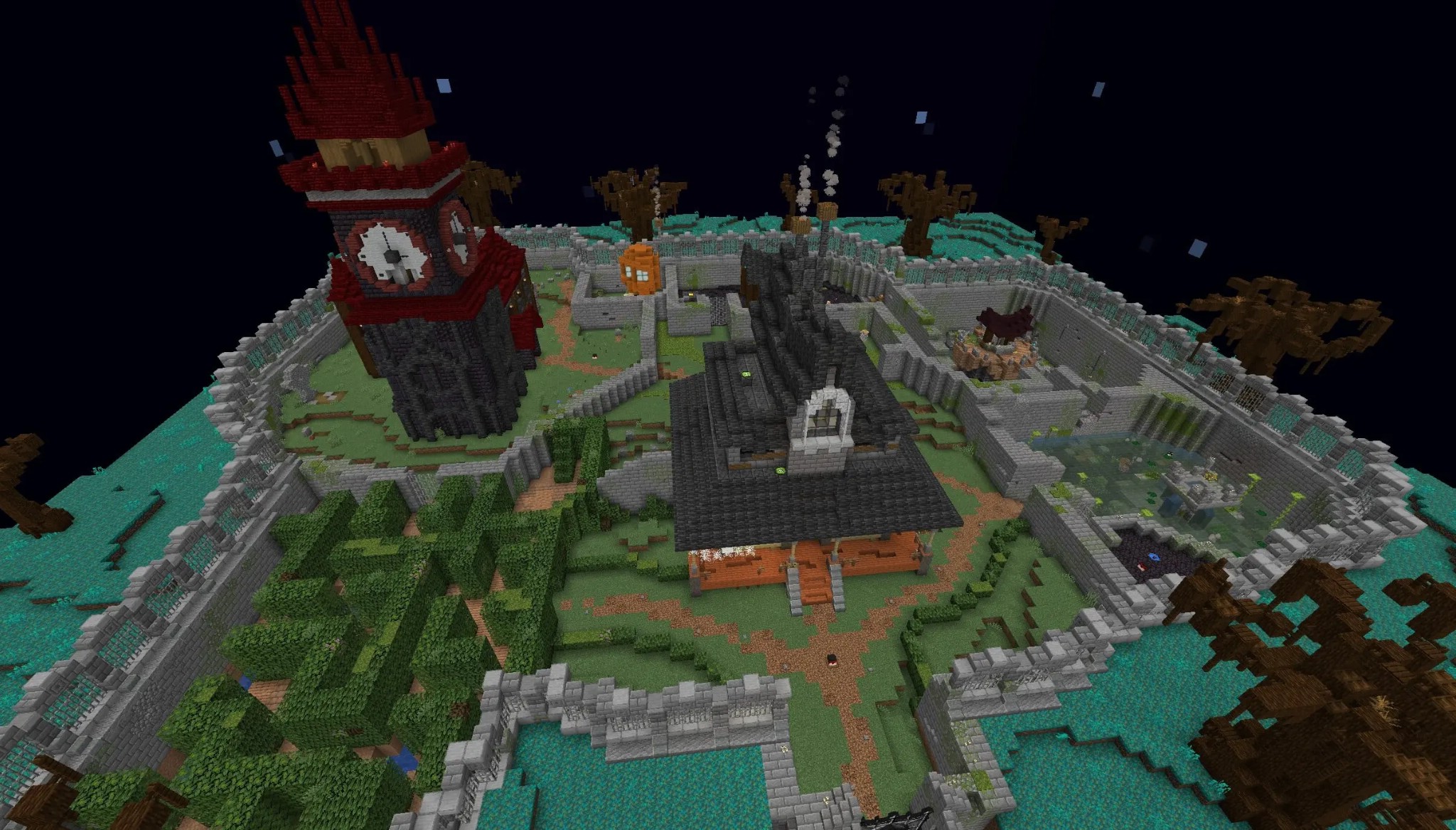 Aerial view of the banjo kazooie parkour peril map with a clock tower
