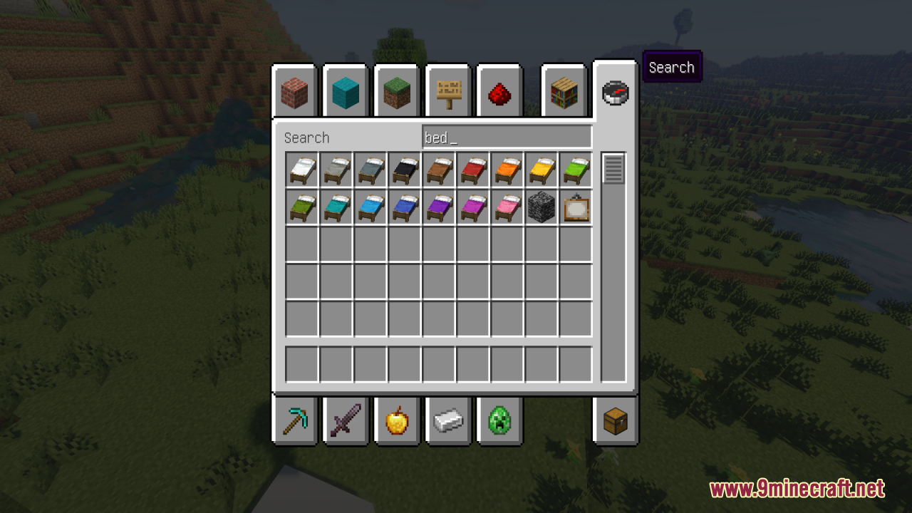 Creative inventory showing various beds from the bees cozier beds resource pack