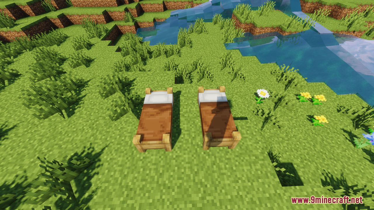 Two brown single beds with wooden frames sitting on the grass