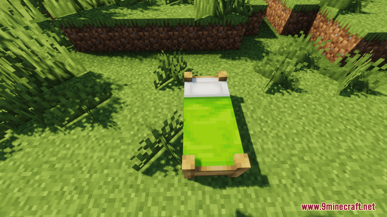 Single lime green bed with a wooden frame on a grassy field