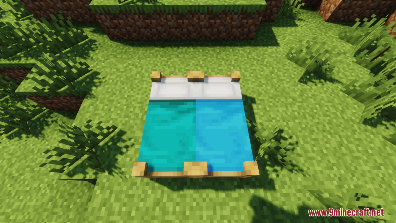 A cyan and light blue double bed with custom wooden frames on grass