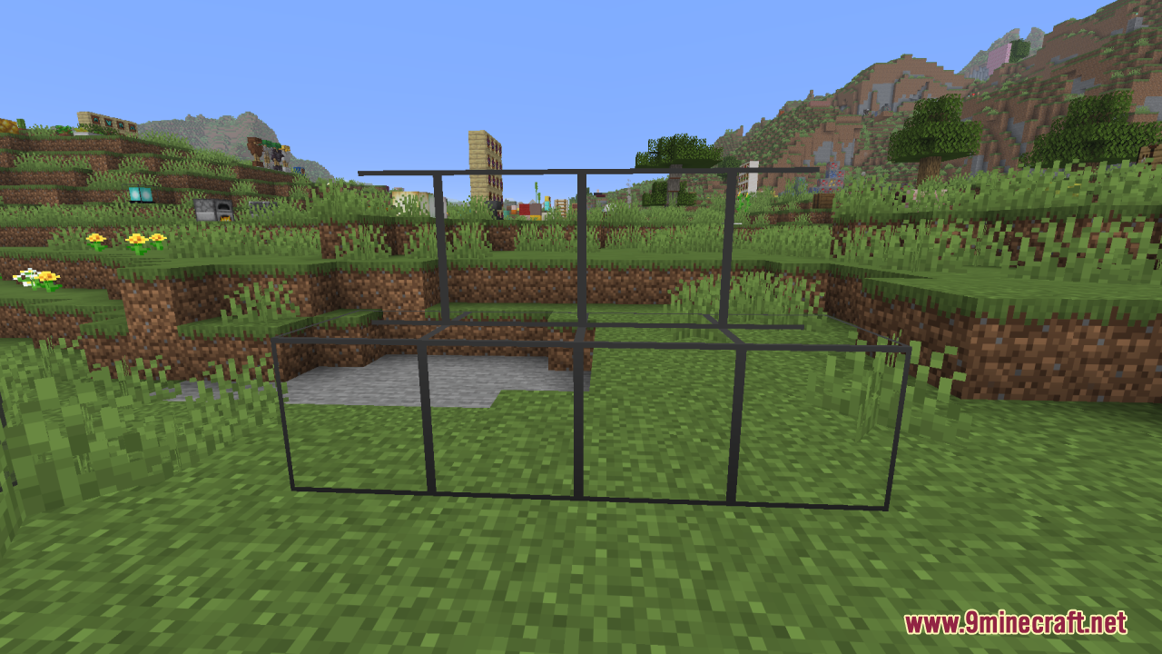 Better Clearer Glass Resource Pack (26.2, 1.21.1) – Crisp Streak-Free Windows 2 Transparent glass blocks and panes with thin borders in a grassy field