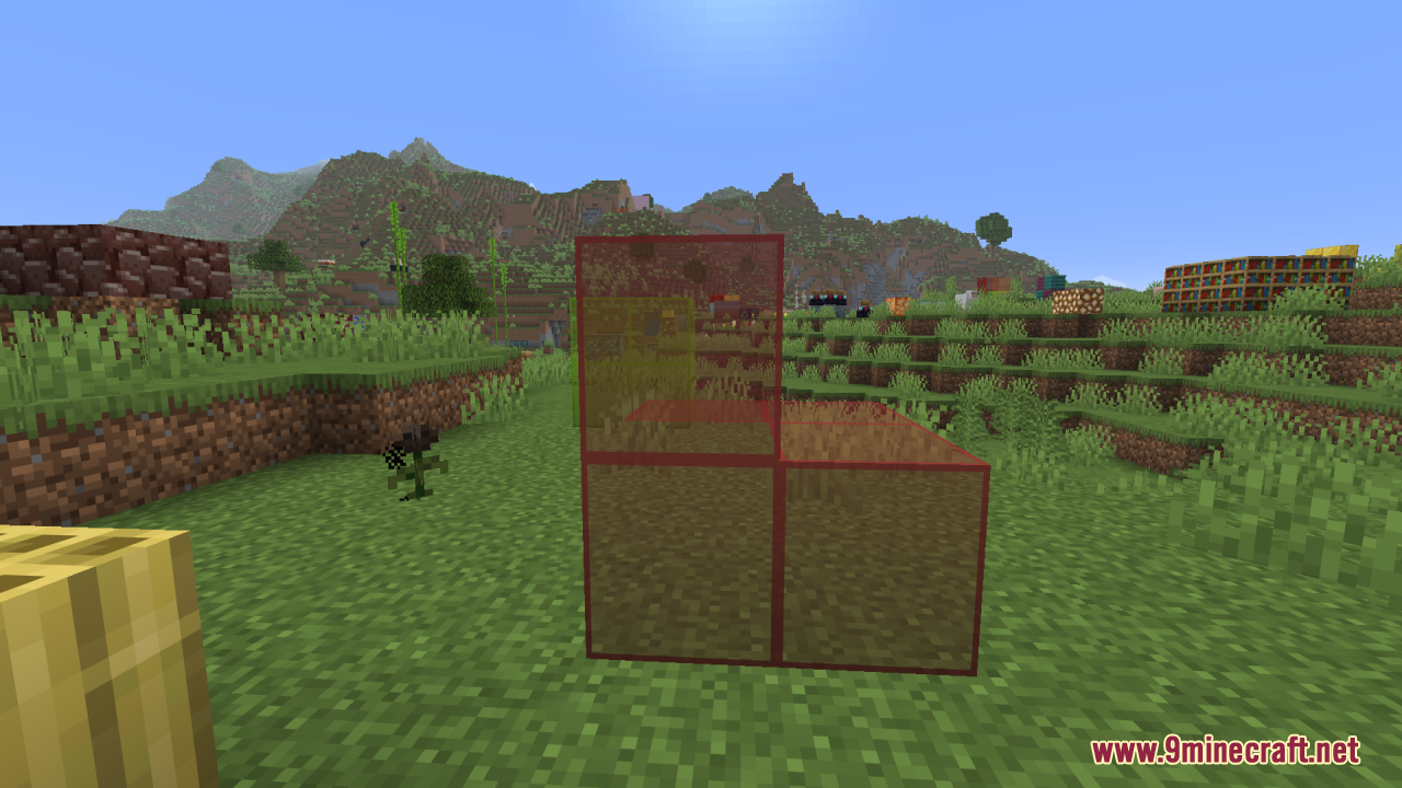 Better Clearer Glass Resource Pack (26.2, 1.21.1) – Crisp Streak-Free Windows 11 Transparent red stained glass blocks placed on a grassy field in minecraft