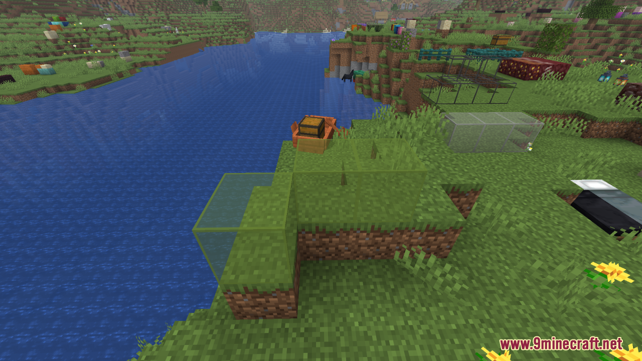 Better Clearer Glass Resource Pack (26.2, 1.21.1) – Crisp Streak-Free Windows 9 Transparent glass blocks placed on a grassy riverbank near a wooden boat