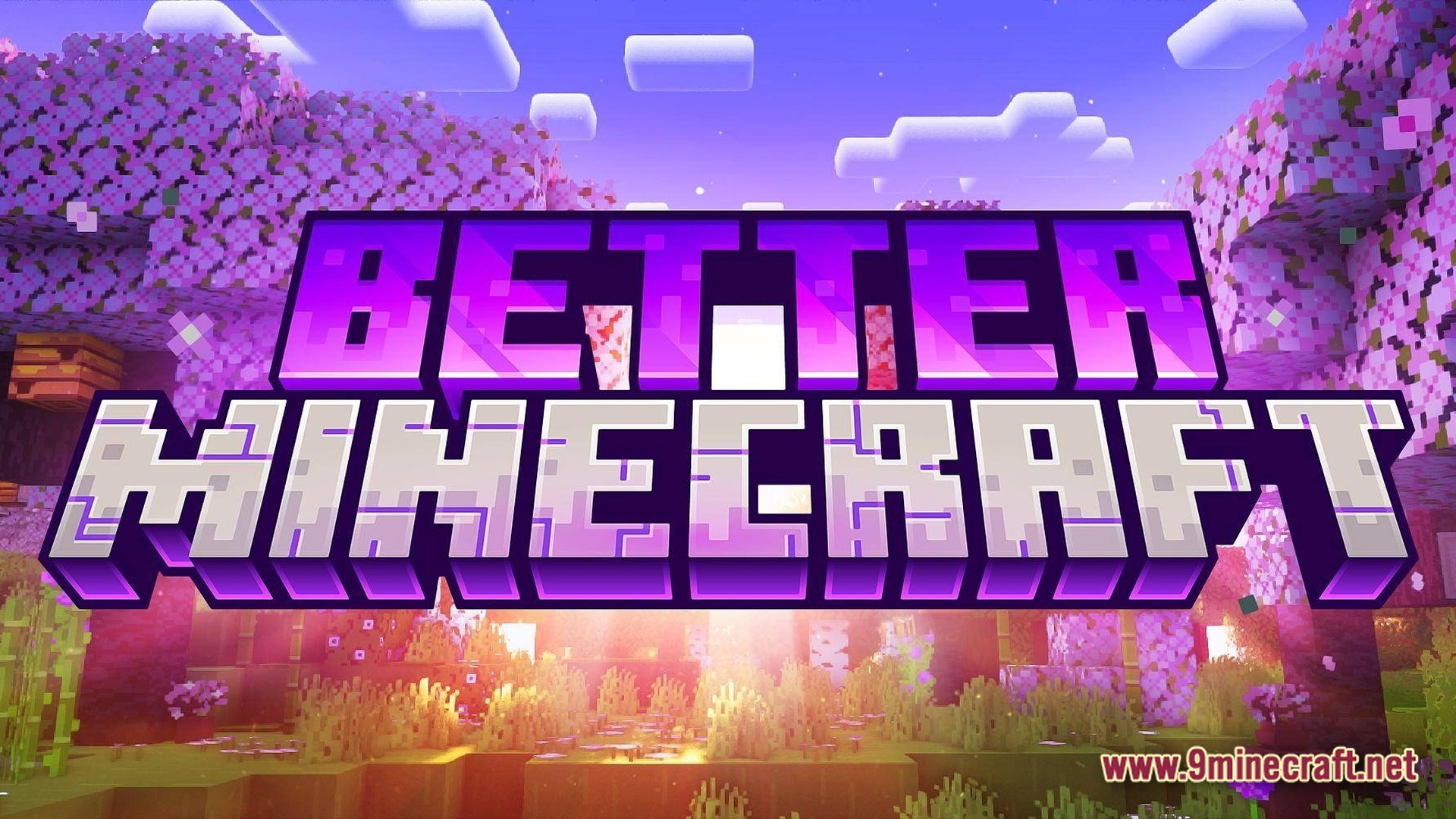 A cherry blossom forest biome at sunrise with the better minecraft modpack title overlay