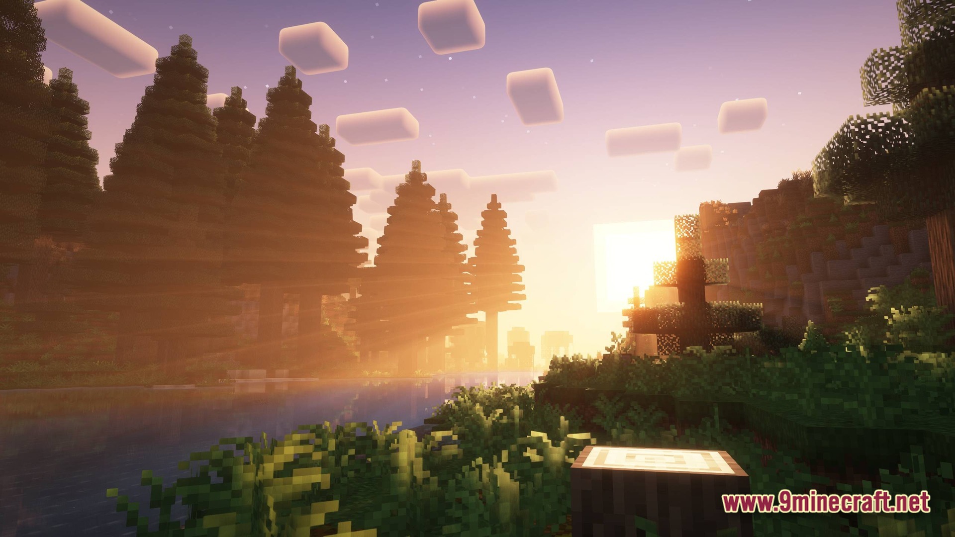 A sunset over a coniferous forest biome with shaders, volumetric lighting, and a river