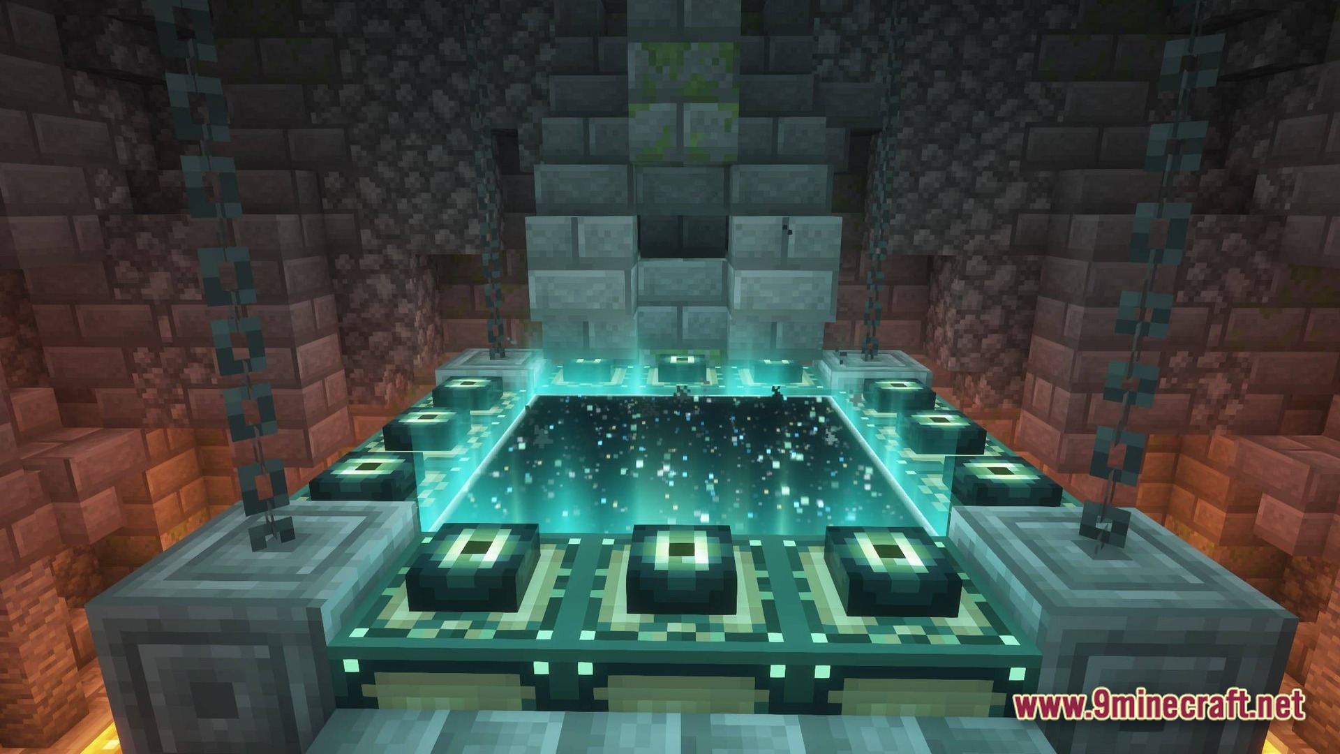 An activated end portal with glowing visual effects located inside a stone brick stronghold room