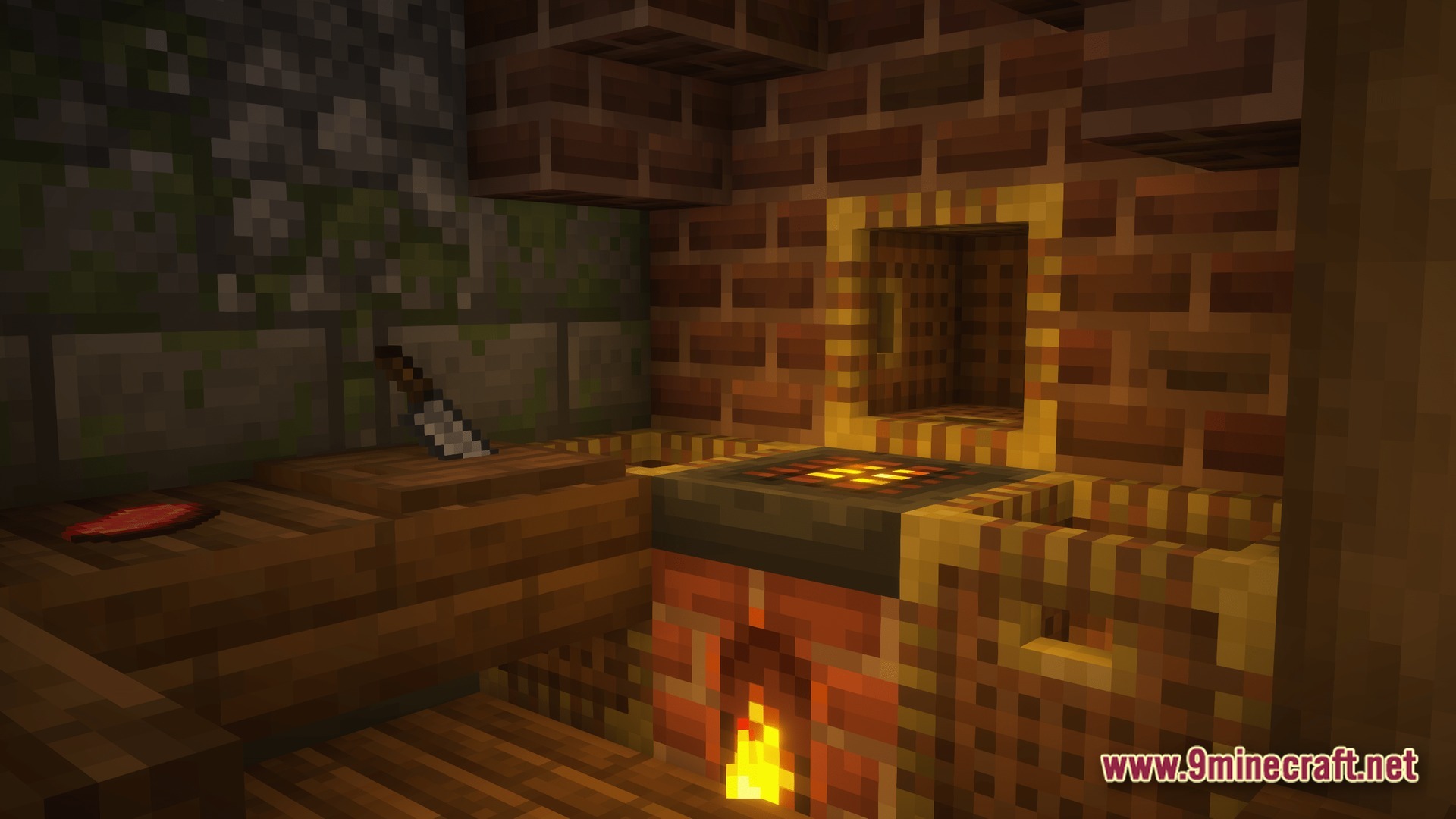 A rustic kitchen interior featuring a brick stove, cutting board, and knife from farmer's delight
