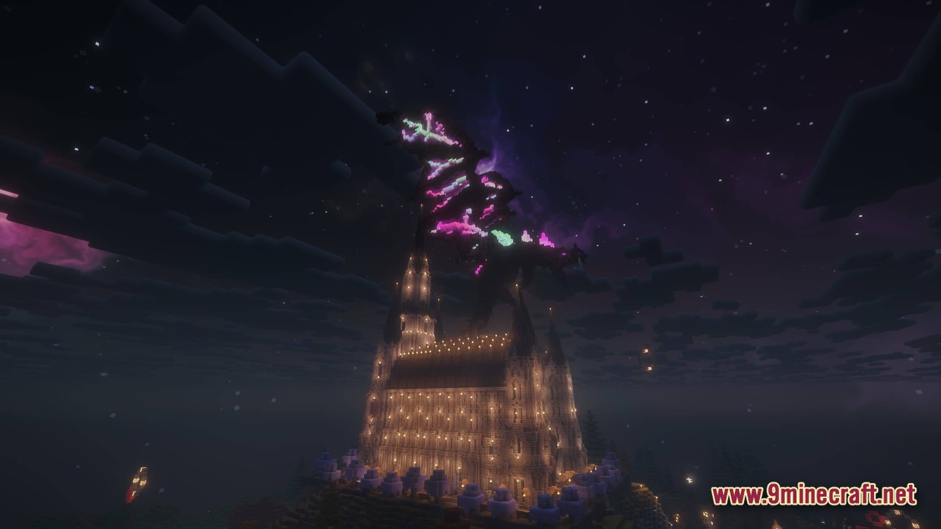 A glowing ender dragon flies above a large lit stone cathedral at night under a starry sky