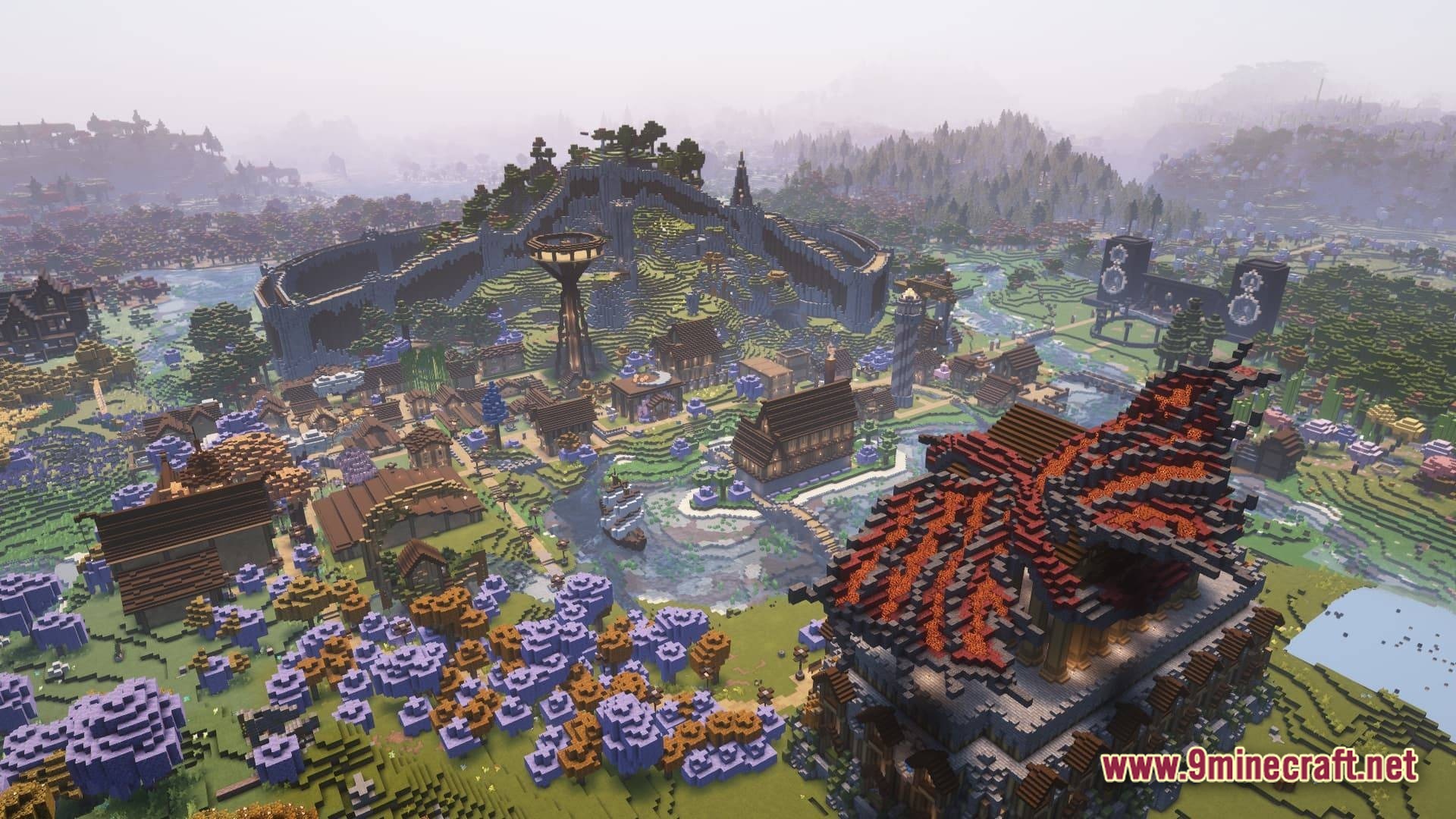 An expansive medieval village featuring custom houses, fortified walls, and a large dragon-themed building