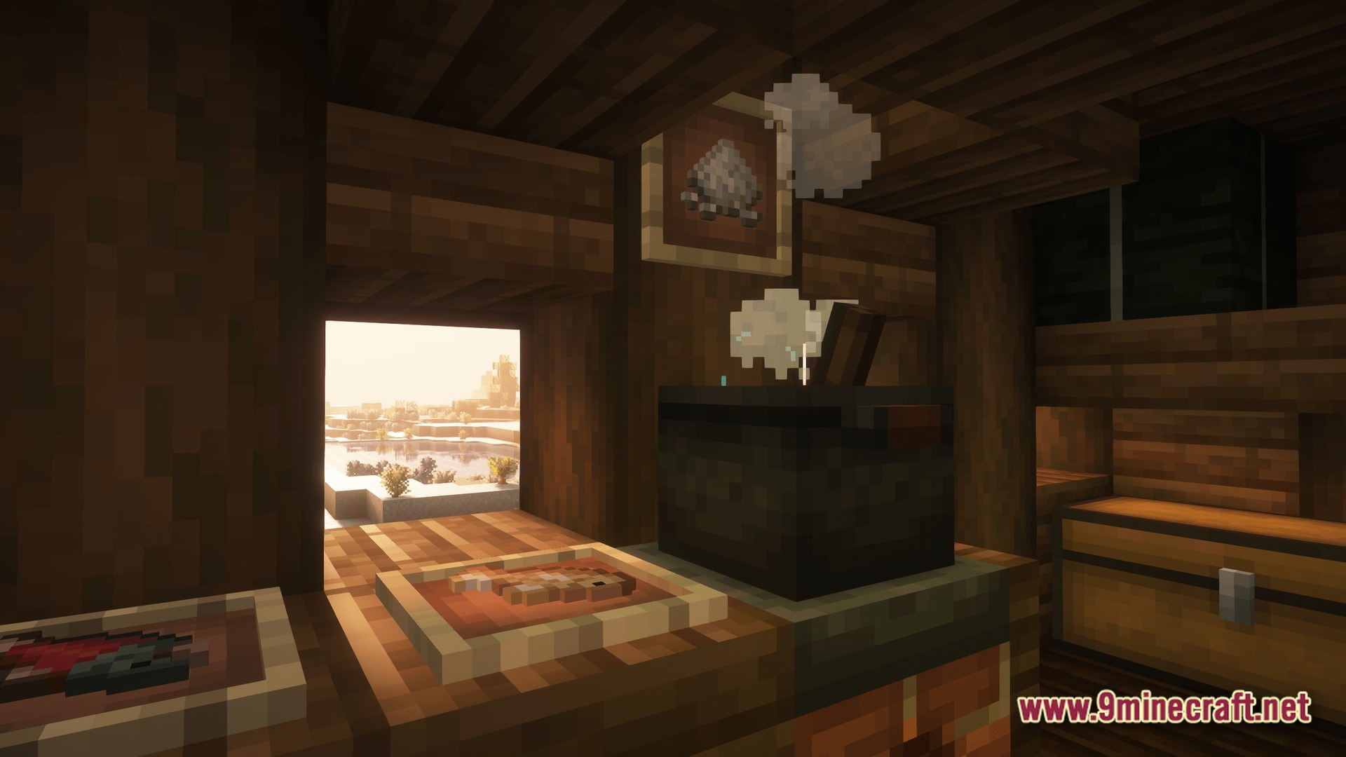 A cooking pot emitting steam sits on a stove inside a rustic wooden kitchen interior