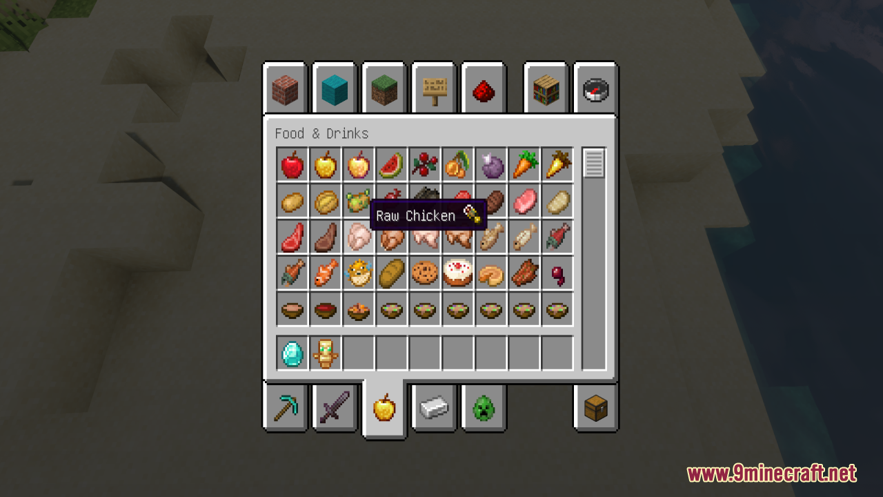 Better Minecraft Vanilla Items And Textures Resource Pack (1.21.11, 1.21.1) – Making Your Work More Satisfying 12 Minecraft inventory screen showing raw chicken with a hunger icon tooltip