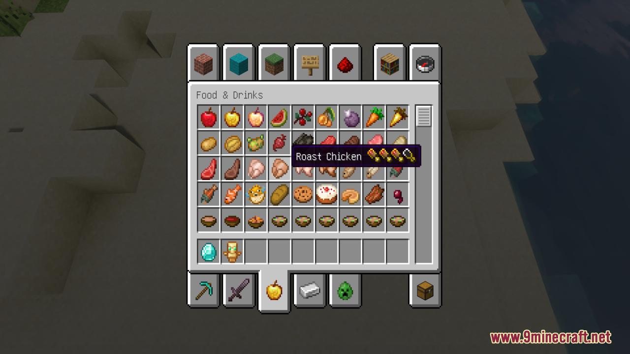 Better Minecraft Vanilla Items And Textures Resource Pack (1.21.11, 1.21.1) – Making Your Work More Satisfying 13 Minecraft inventory screen showing roast chicken with hunger and saturation icons