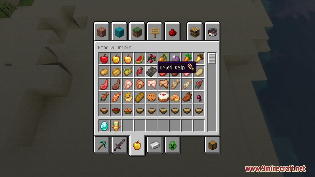 Better Minecraft Vanilla Items And Textures Resource Pack (1.21.11, 1.21.1) – Making Your Work More Satisfying 14 Minecraft food and drinks tab showing items with a tooltip for dried kelp