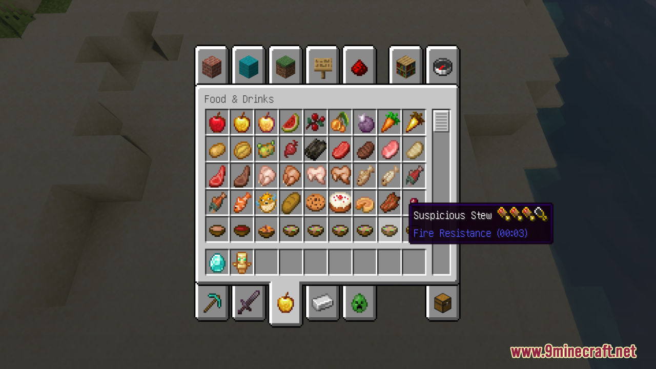 Better Minecraft Vanilla Items And Textures Resource Pack (1.21.11, 1.21.1) – Making Your Work More Satisfying 5 Hovering over suspicious stew shows food saturation and fire resistance status effect
