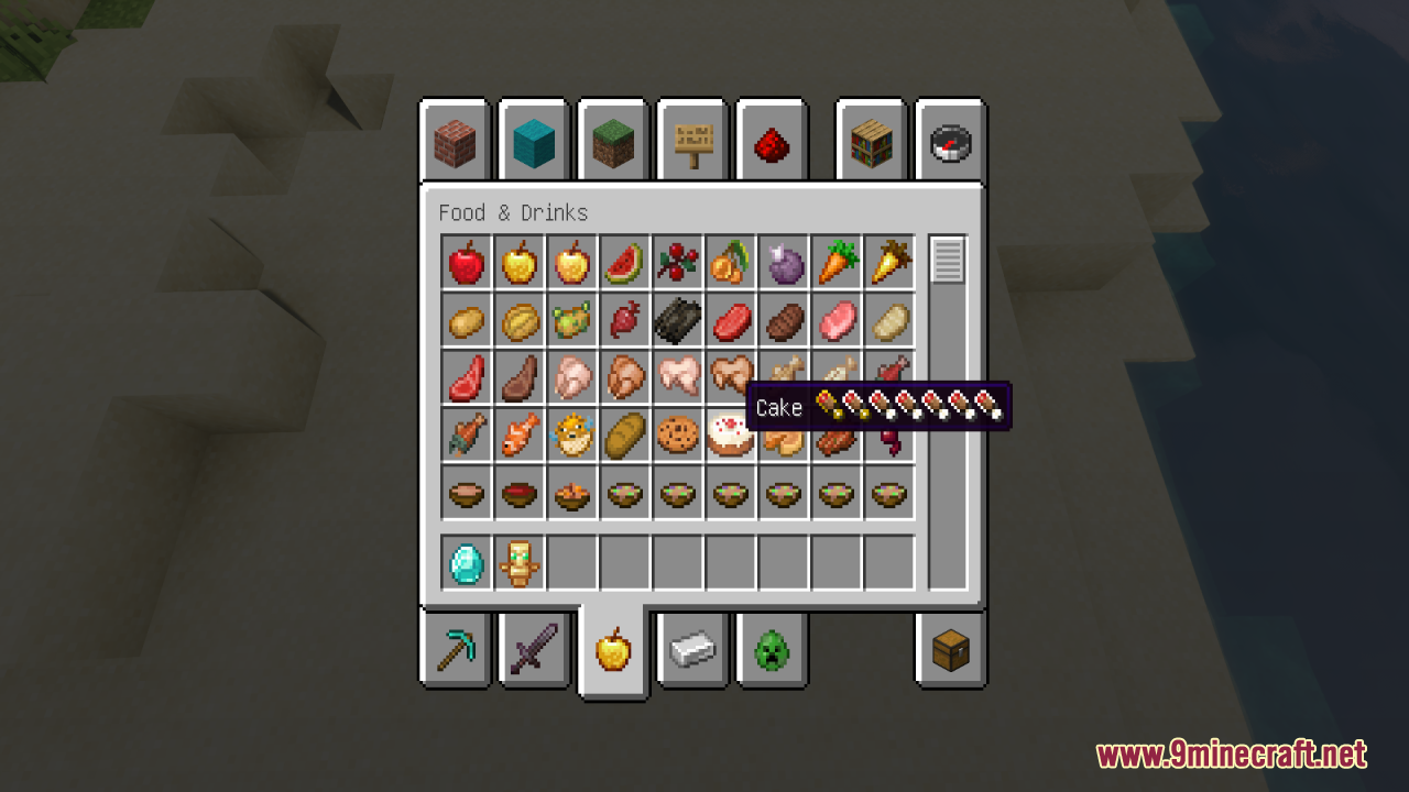 Better Minecraft Vanilla Items And Textures Resource Pack (1.21.11, 1.21.1) – Making Your Work More Satisfying 7 The cake item tooltip shows detailed food and saturation values in the menu