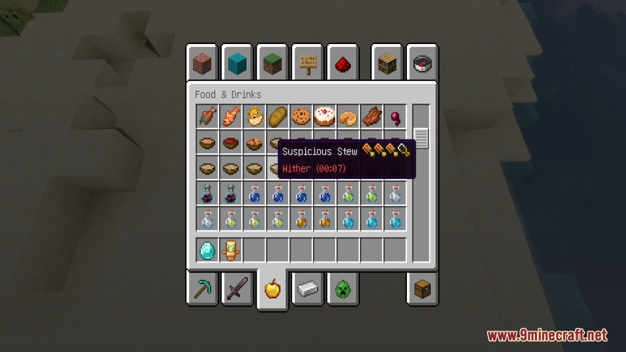Better Minecraft Vanilla Items And Textures Resource Pack (1.21.11, 1.21.1) – Making Your Work More Satisfying 9 The suspicious stew tooltip shows the wither effect and food saturation details
