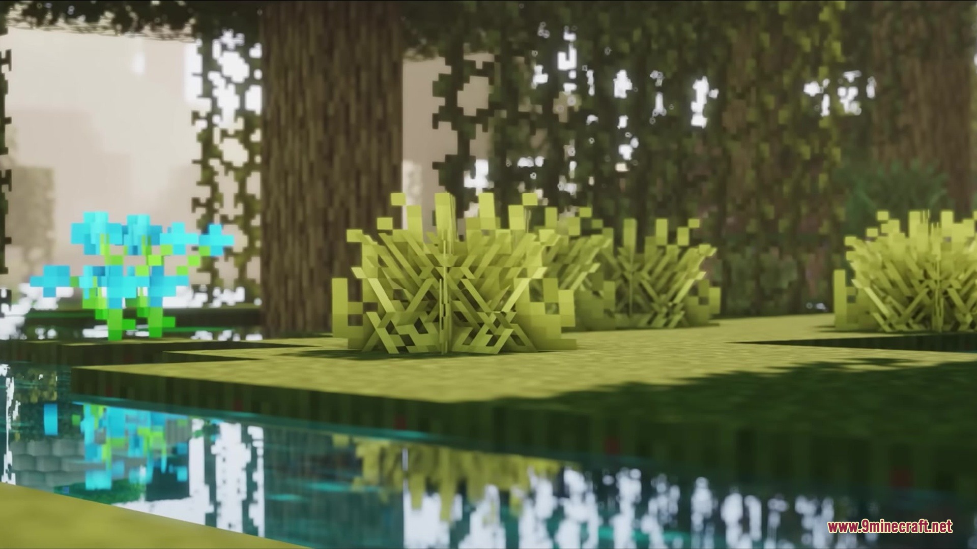 Blak Suit’s Bushy Grass Resource Pack (1.21.11, 1.20.1) 2 Close up view of thick bushy grass and a blue flower in forest