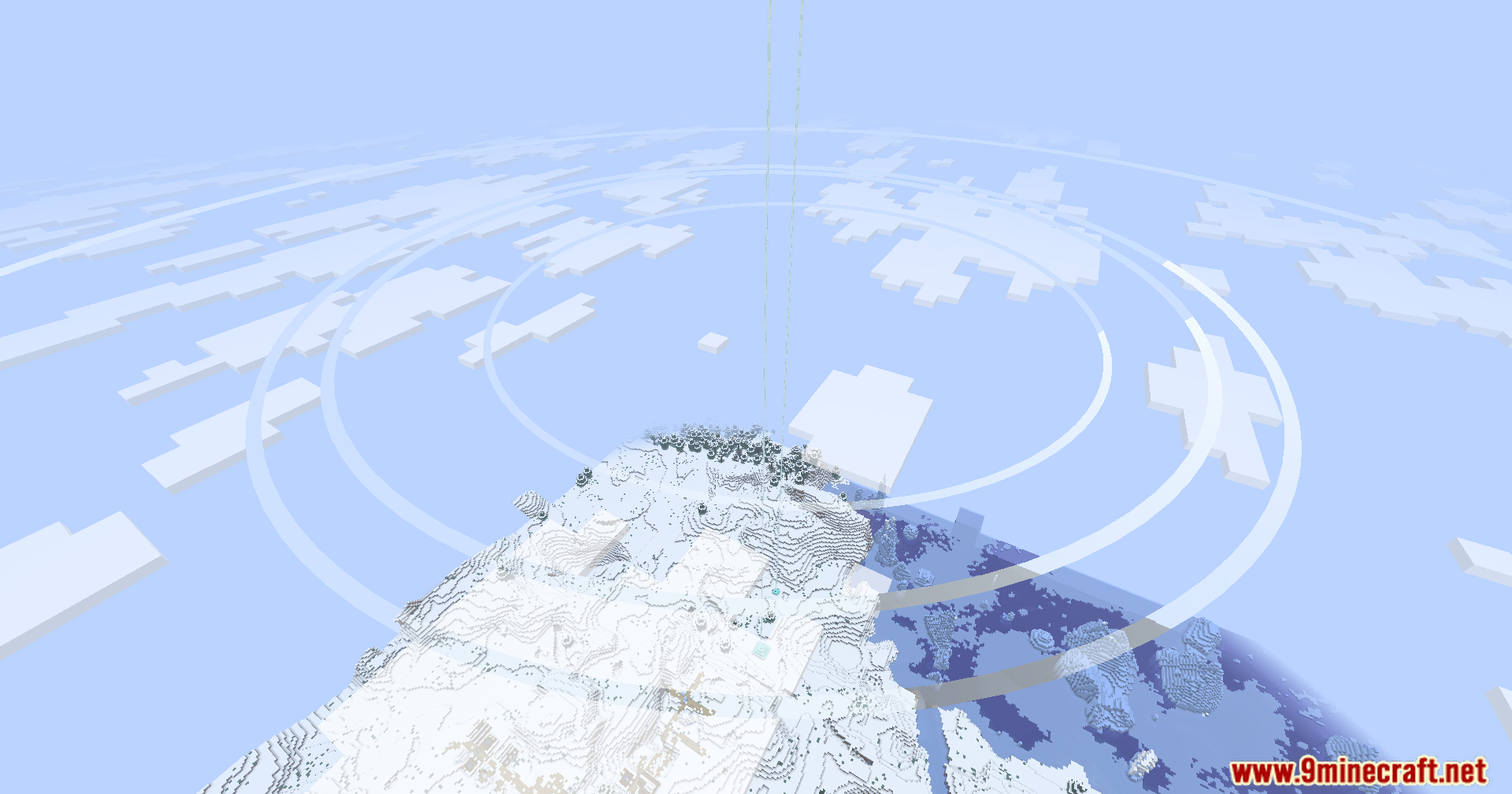Blue Archive Halo Mod (1.21.11, 1.20.1) – Crown Active Beacons With Glowing 8 Multiple glowing white halos floating above a beacon beam in a snowy biome