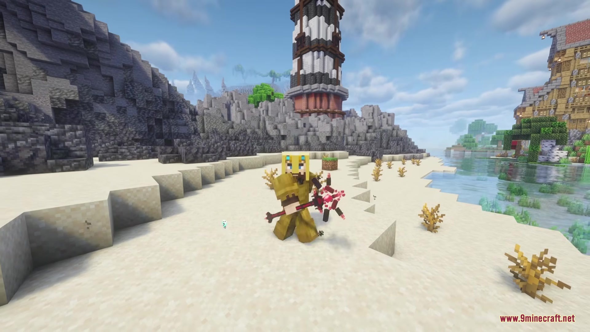 Broken Trees Mod (1.21.1) – Master Colorful Magic And Battle Powerful Custom 3 Player in yellow armor holding a spiked mace on a sandy beach