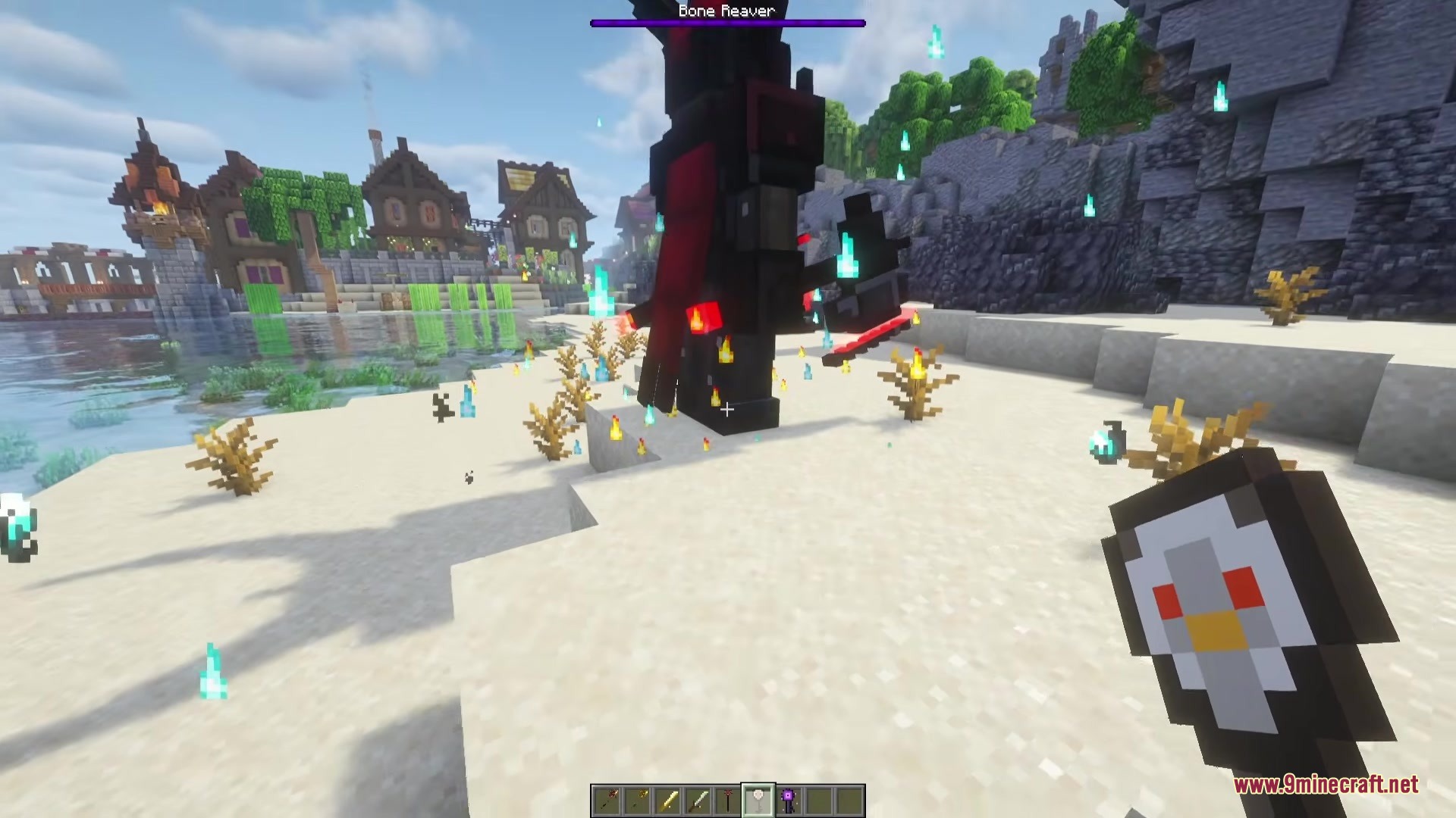 Broken Trees Mod (1.21.1) – Master Colorful Magic And Battle Powerful Custom 4 A player faces the bone reaver boss while holding a magical penguin item