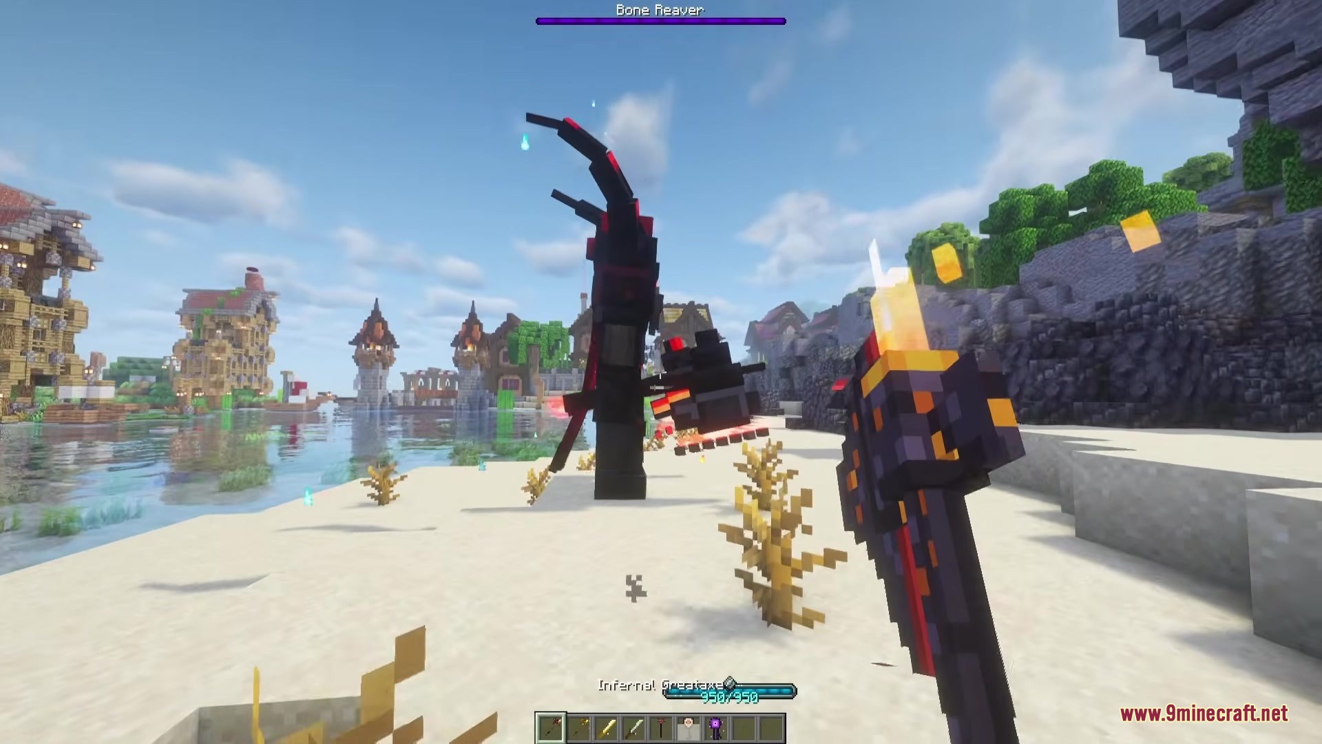 Broken Trees Mod (1.21.1) – Master Colorful Magic And Battle Powerful Custom 5 Player wielding an infernal greataxe against the bone reaver boss on the beach