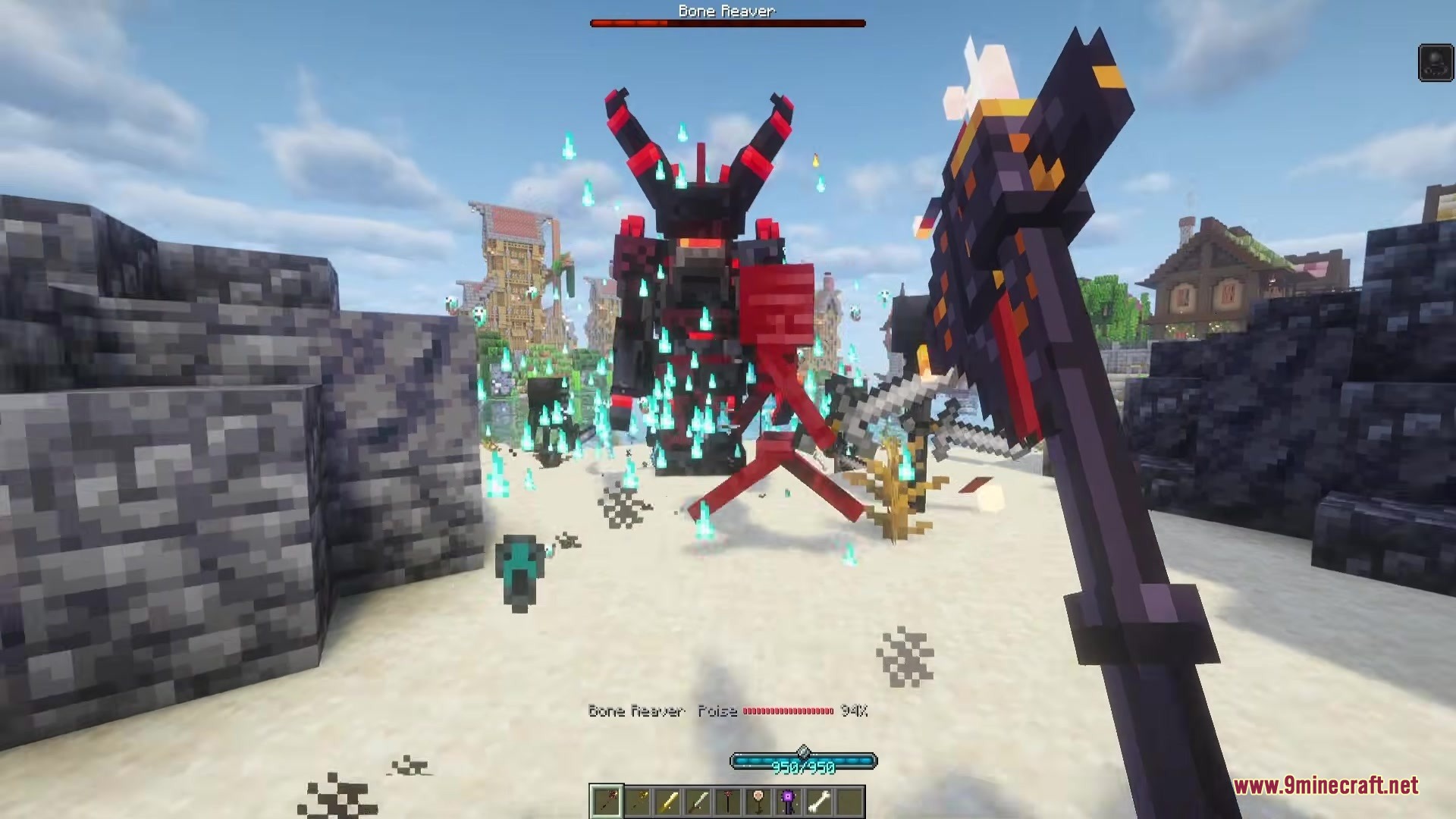 Broken Trees Mod (1.21.1) – Master Colorful Magic And Battle Powerful Custom 6 Player wielding a dark staff against the bone reaver boss in minecraft