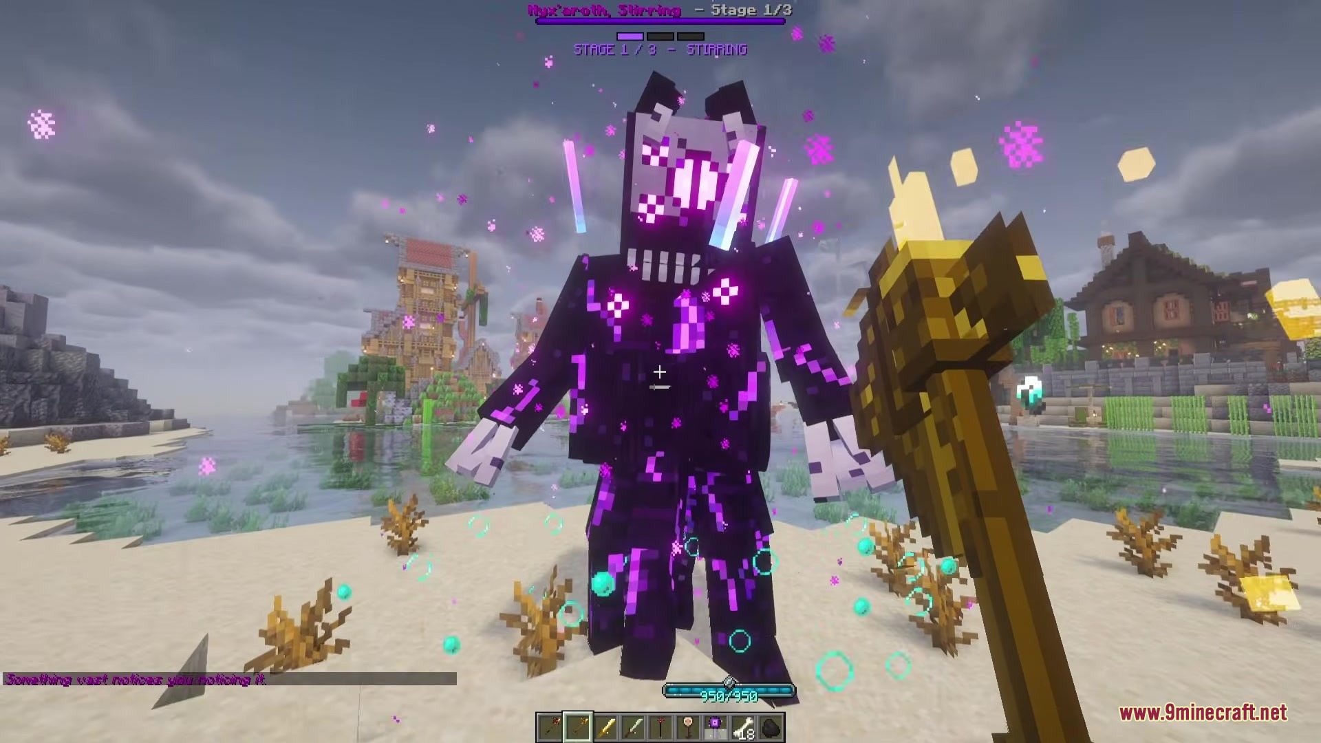 Broken Trees Mod (1.21.1) – Master Colorful Magic And Battle Powerful Custom 8 Player confronting a giant purple magical boss on a sandy beach