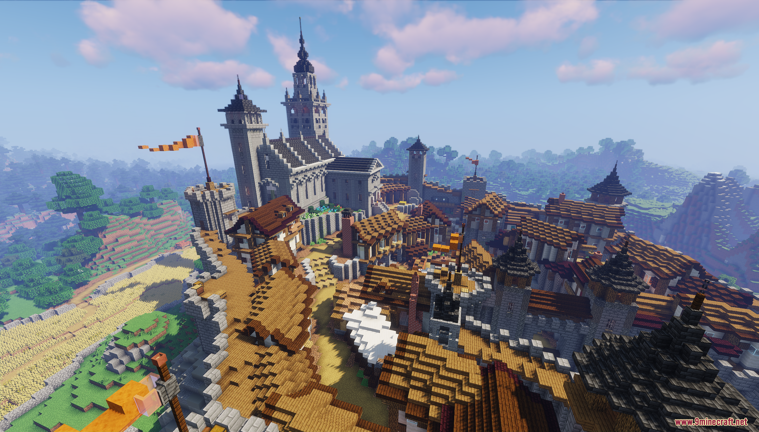 Castle Town Map (26.2, 1.20.1) – Grand Medieval Fortress 11 An aerial view of the castle town map featuring many medieval houses
