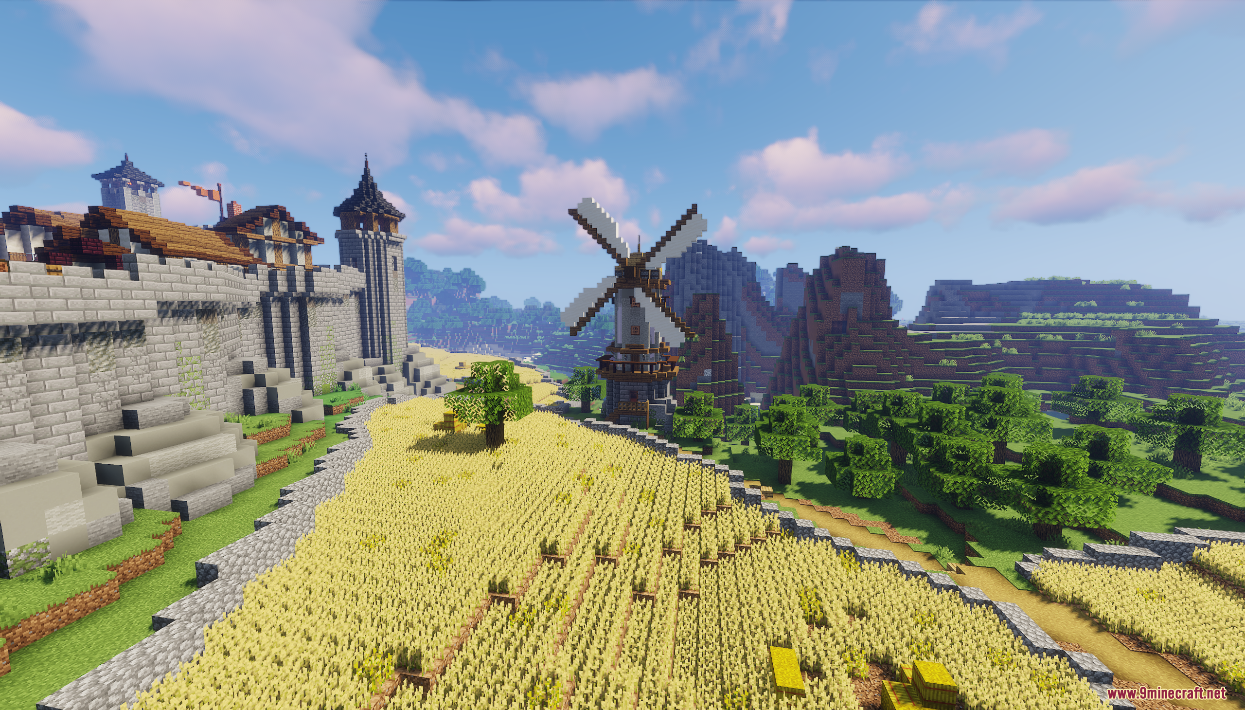Castle Town Map (26.2, 1.20.1) – Grand Medieval Fortress 3 A wooden windmill stands in a golden wheat field outside the castle
