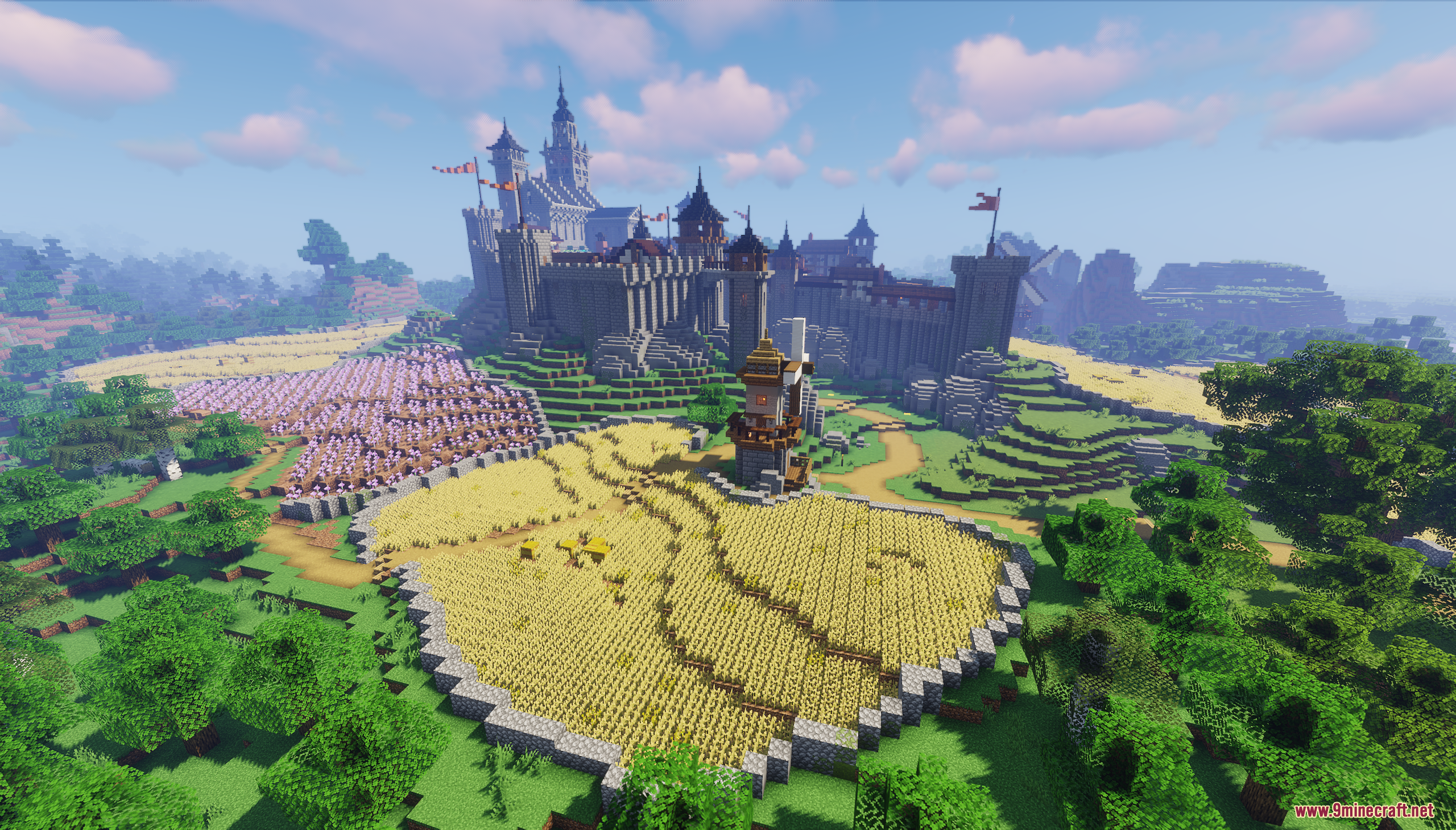 Castle Town Map (26.2, 1.20.1) – Grand Medieval Fortress 4 A majestic medieval castle overlooking large wheat fields and a small windmill