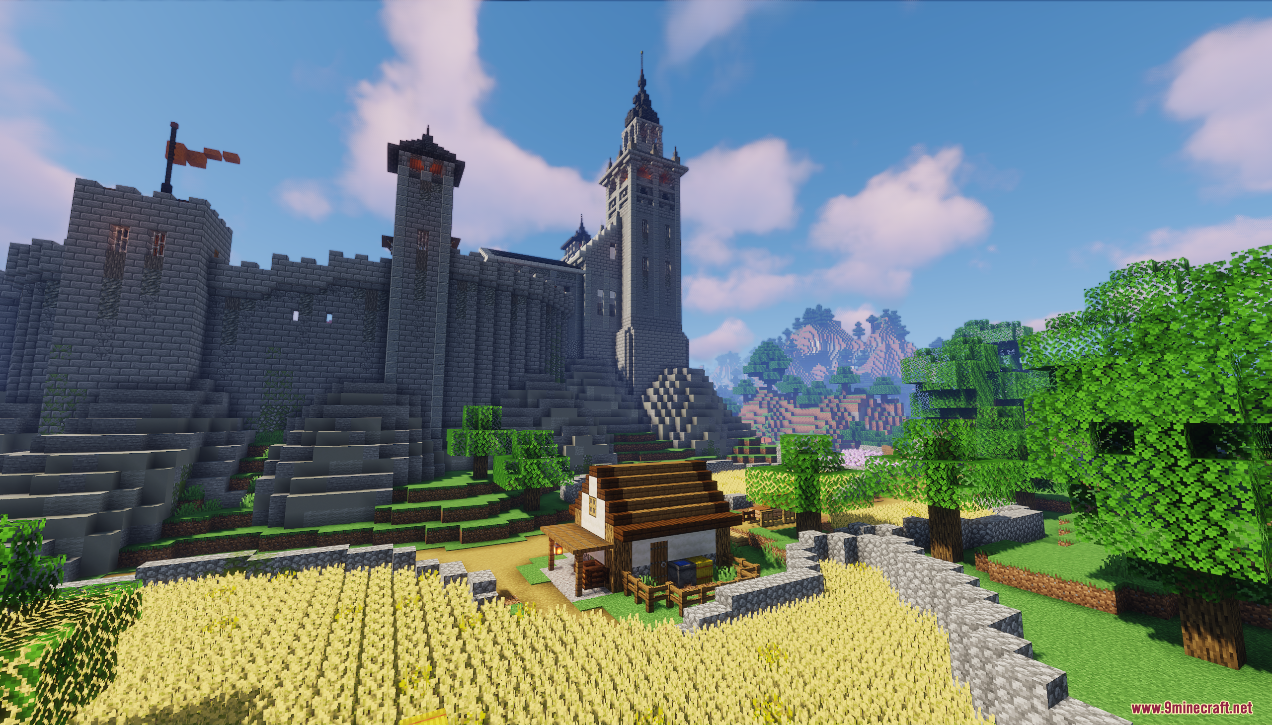 Castle Town Map (26.2, 1.20.1) – Grand Medieval Fortress 8 A massive stone castle with a red flag overlooking golden wheat fields