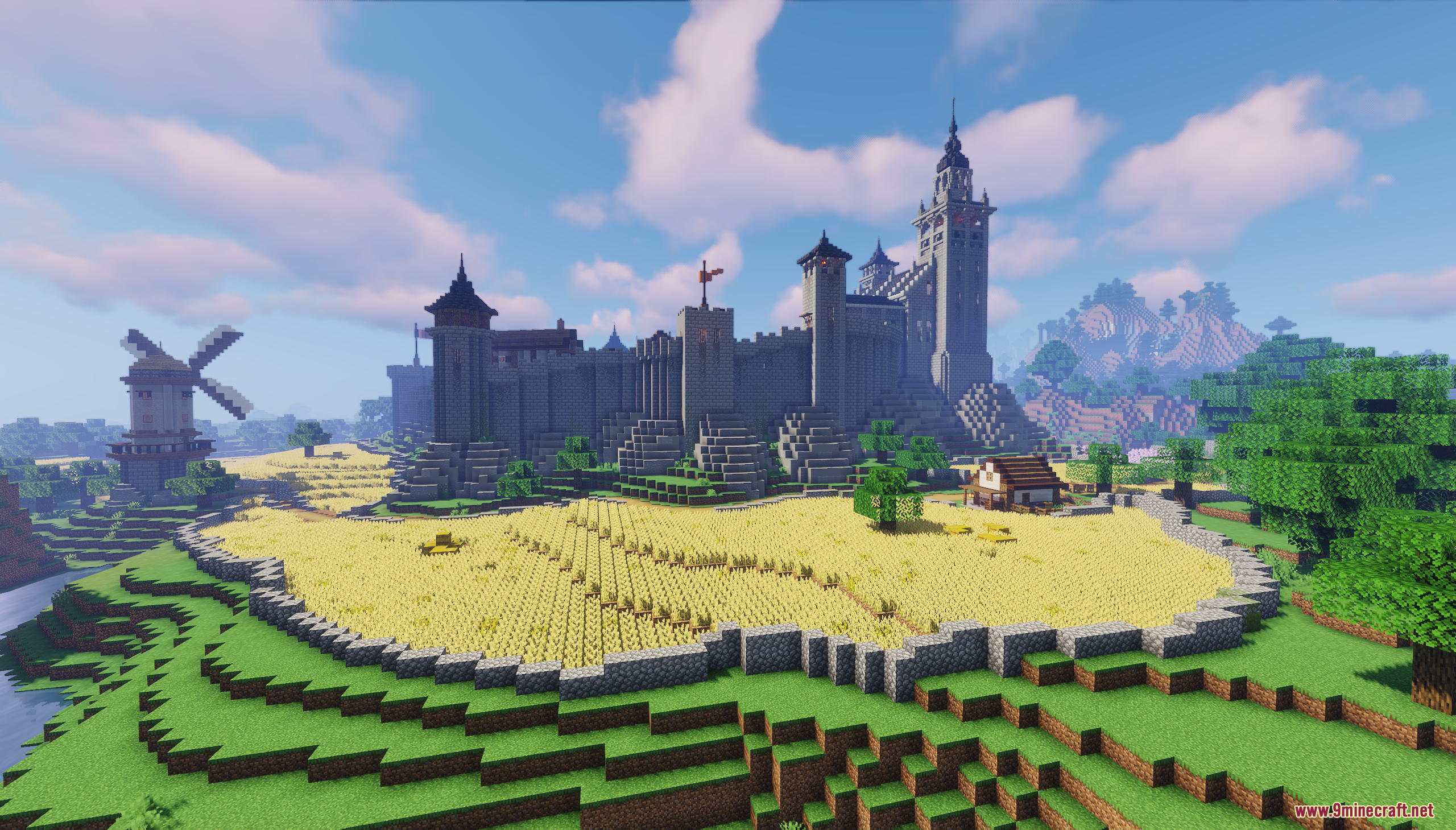 Castle Town Map (26.2, 1.20.1) – Grand Medieval Fortress 9 Wide view of a medieval castle with a windmill and wheat fields