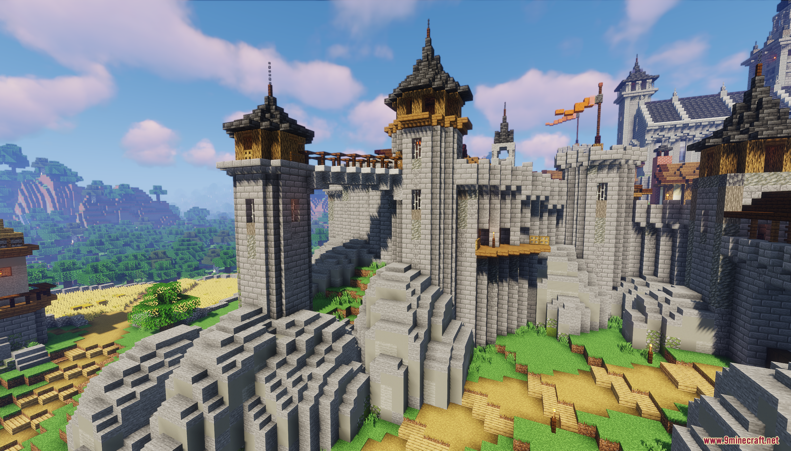 Castle Town Map (26.2, 1.20.1) – Grand Medieval Fortress 10 Detailed view of stone castle walls and towers on a rocky cliff