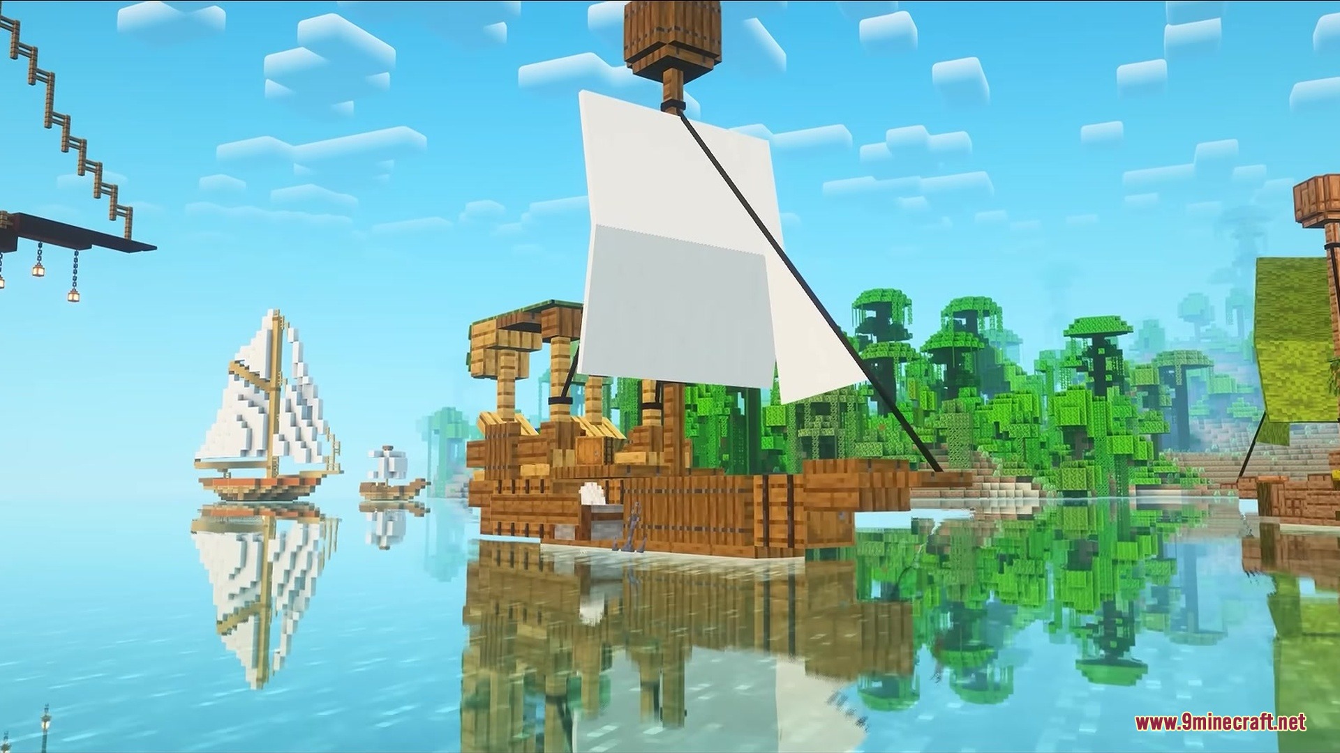 Centurion Ships Resource Pack (1.19.2, 1.18.2) – Grand Sailing Ships 2 A large wooden ship with white sails reflects on the calm blue water