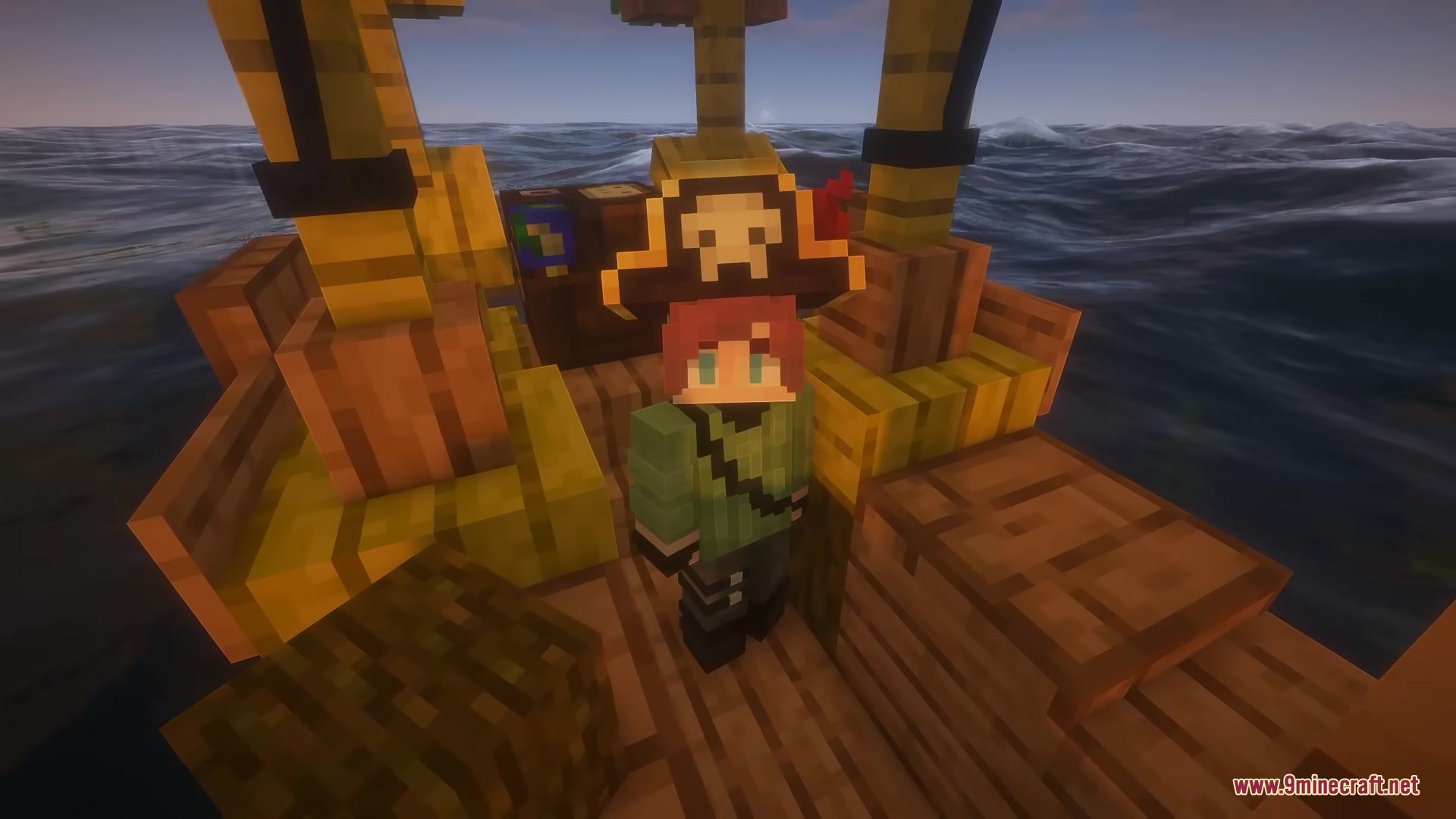 Centurion Ships Resource Pack (1.19.2, 1.18.2) – Grand Sailing Ships 11 Player wearing a pirate hat standing on a wooden ship in the ocean