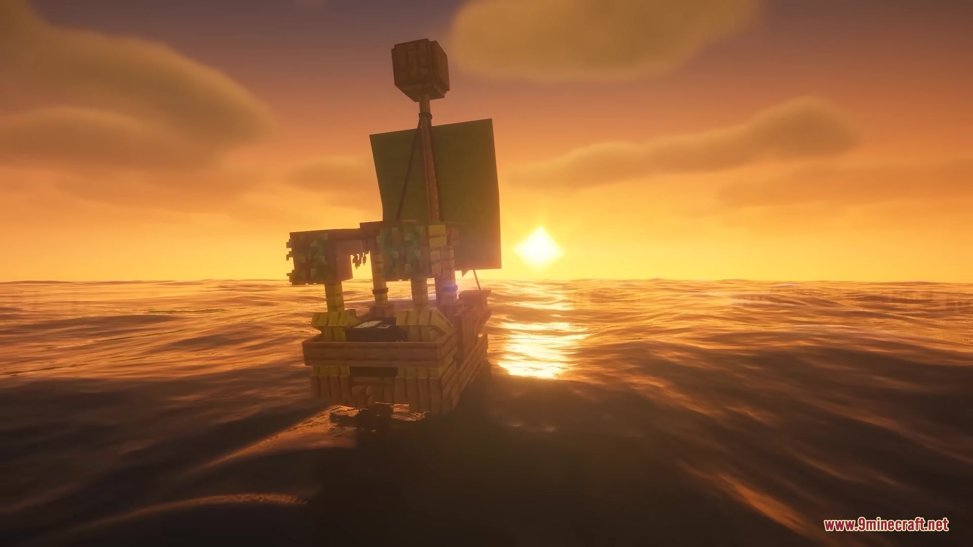 Centurion Ships Resource Pack (1.19.2, 1.18.2) – Grand Sailing Ships 12 A wooden ship with green sails sailing towards the bright sunset on ocean