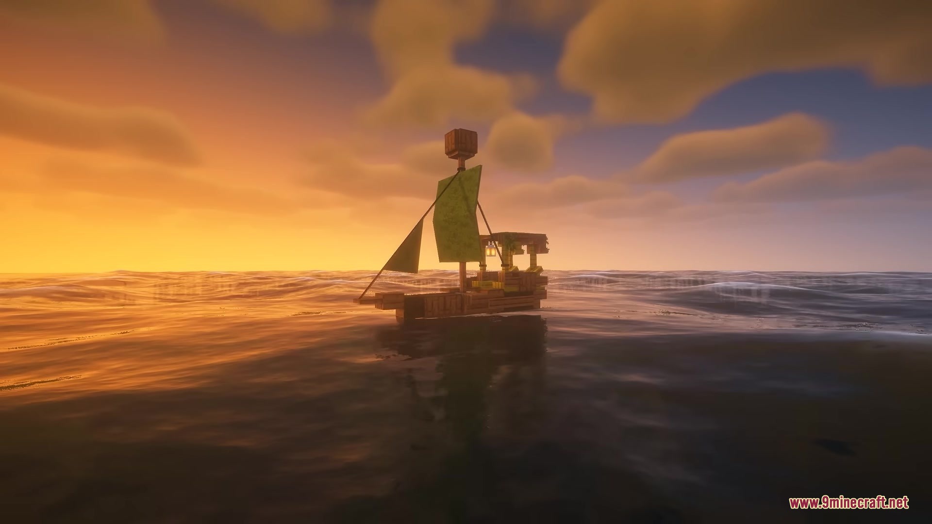 Centurion Ships Resource Pack (1.19.2, 1.18.2) – Grand Sailing Ships 13 Side view of a medium sized ship on the ocean at sunset