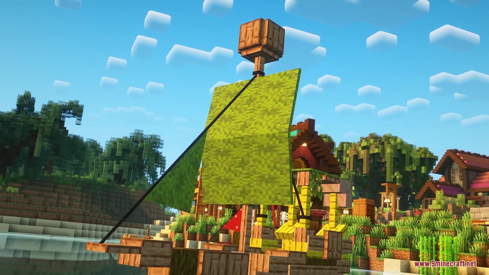 Centurion Ships Resource Pack (1.19.2, 1.18.2) – Grand Sailing Ships 3 A wooden ship with green sails sits near a village in the jungle