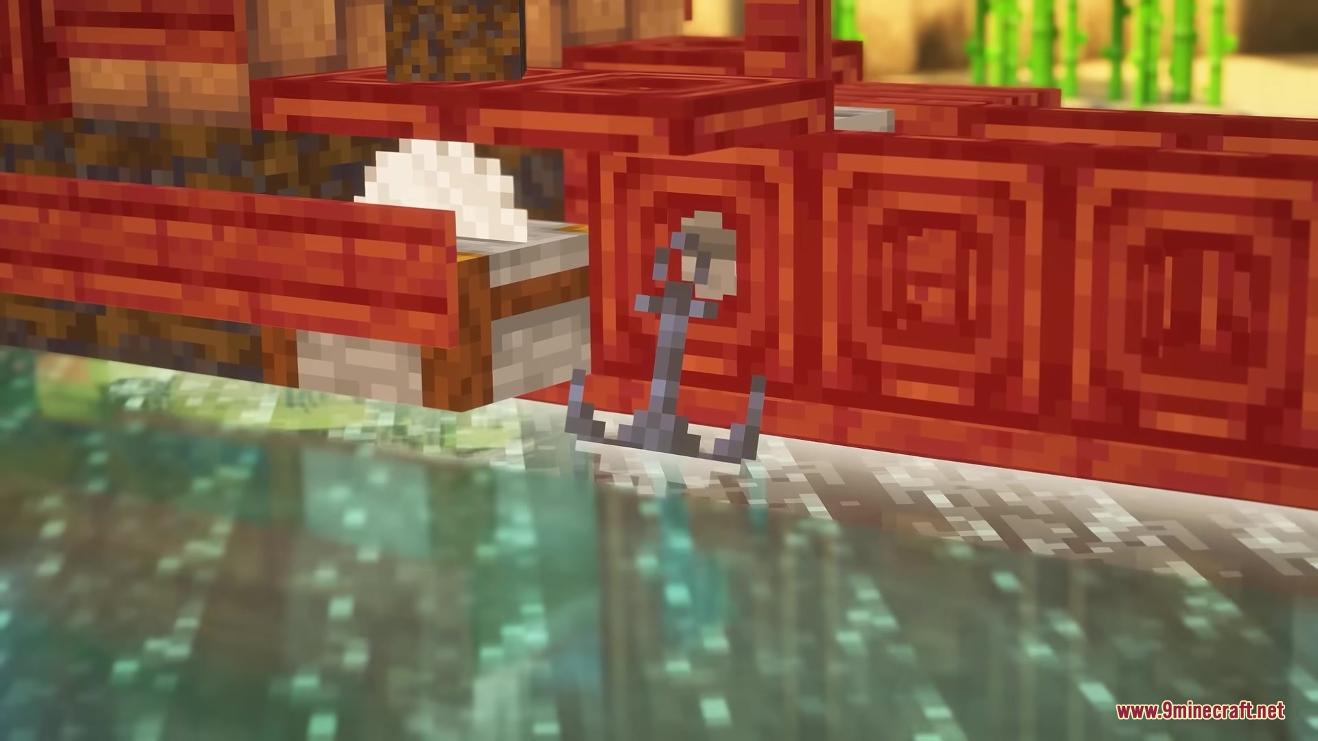 Centurion Ships Resource Pack (1.19.2, 1.18.2) – Grand Sailing Ships 4 A mangrove wood ship hull featuring a hanging anchor and a stonecutter block